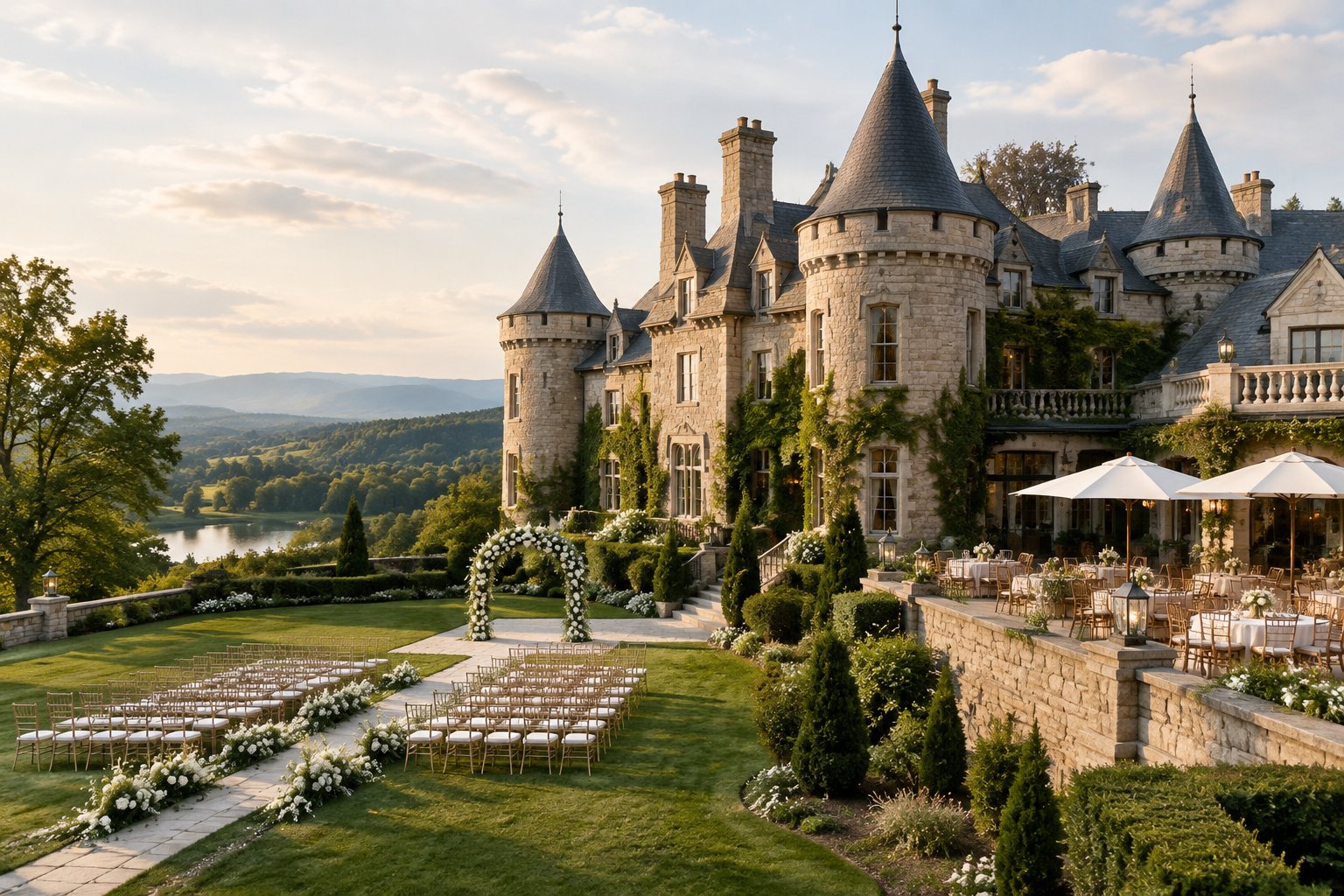 A grand stone castle-like wedding venue surrounded by gardens and rolling countryside.