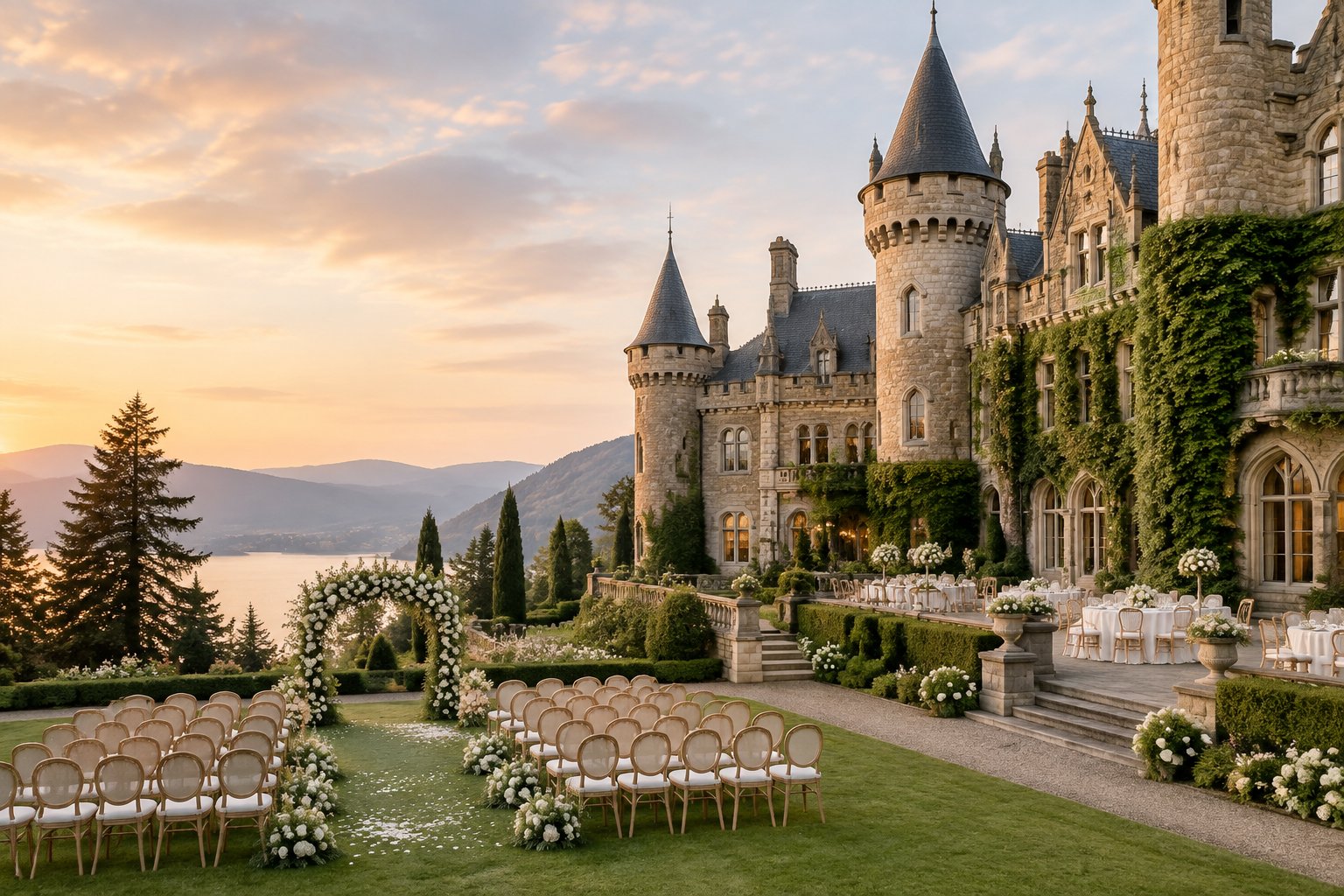 A grand castle-like wedding venue with manicured gardens and an outdoor ceremony setup.