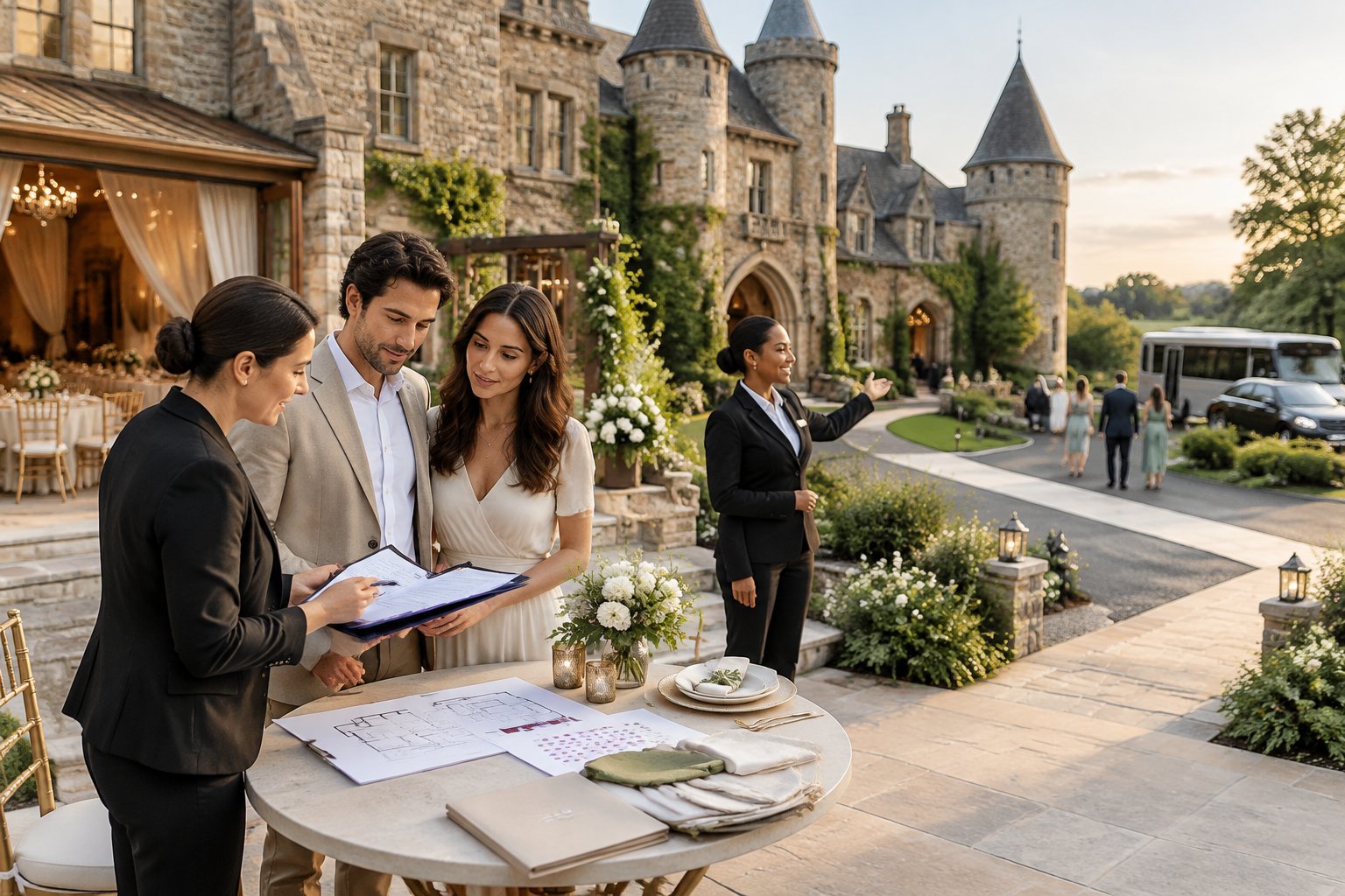 A couple and wedding planner review arrangements outside a castle-like wedding venue while a coordinator guides guests toward the reception.