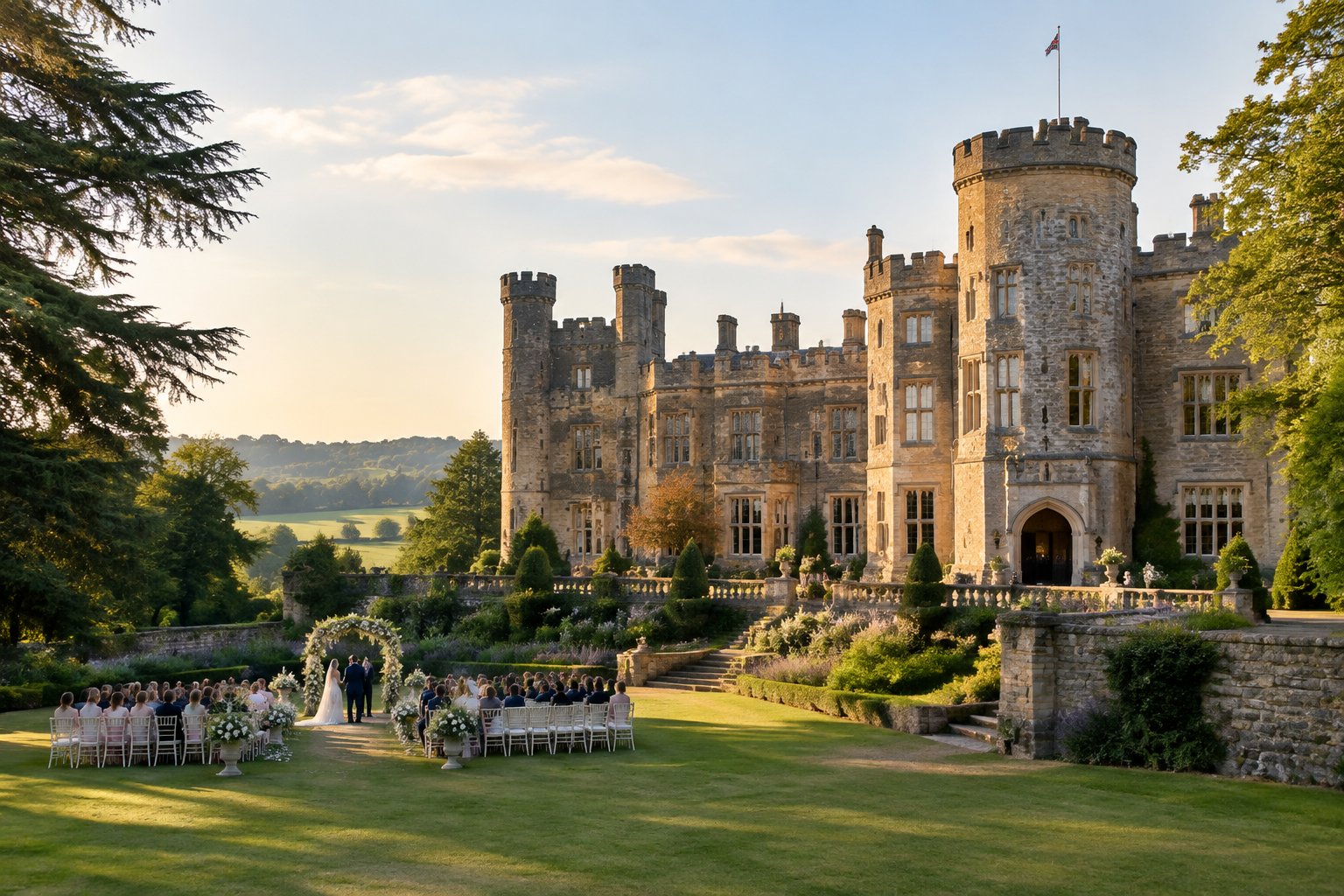 A historic stone castle wedding venue surrounded by English gardens, with white ceremony chairs and floral decorations.