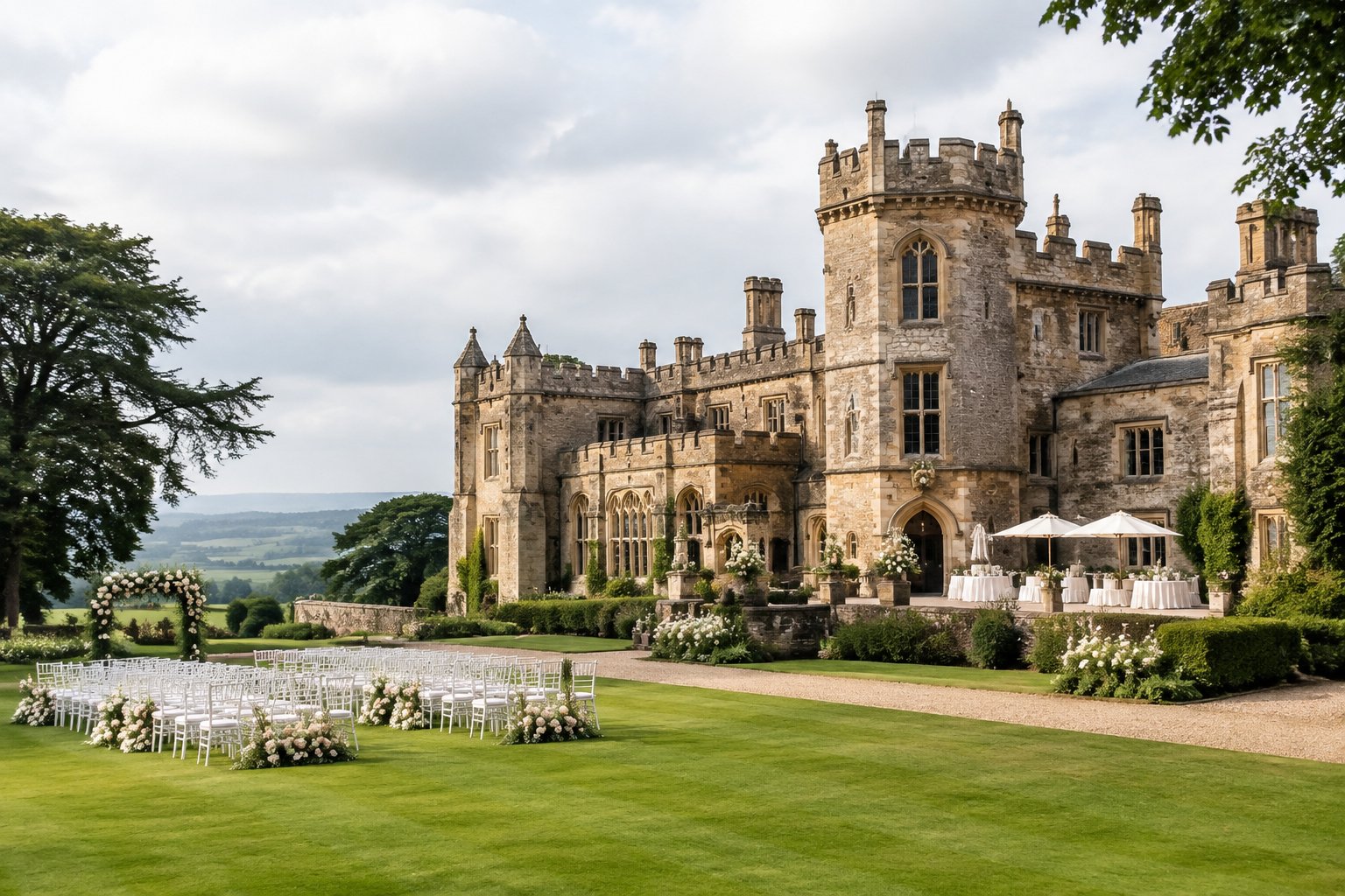 A historic stone castle surrounded by gardens with a prepared outdoor wedding ceremony area.