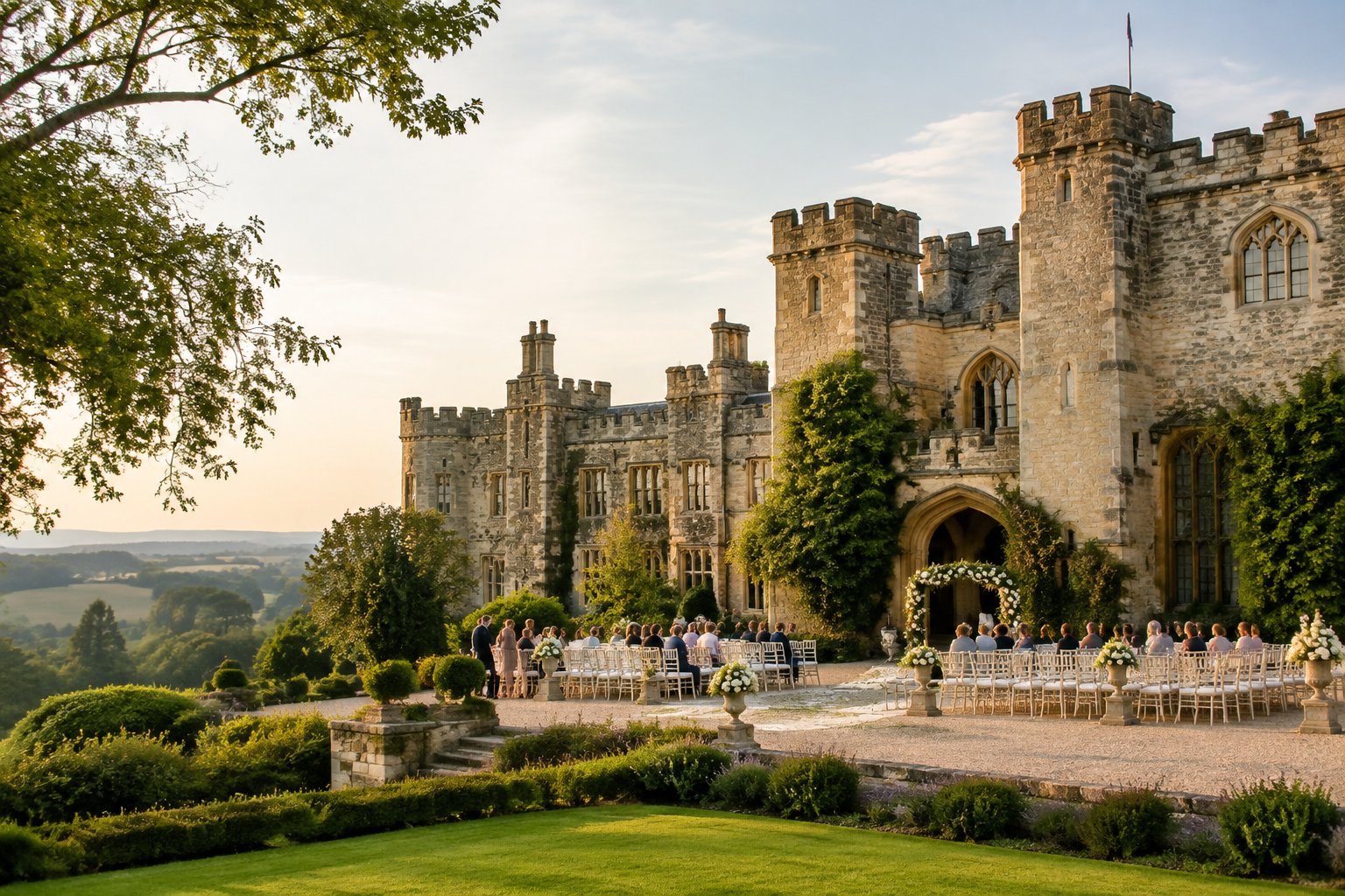 A historic castle wedding venue in Gloucester with landscaped gardens and an elegant outdoor ceremony setup.