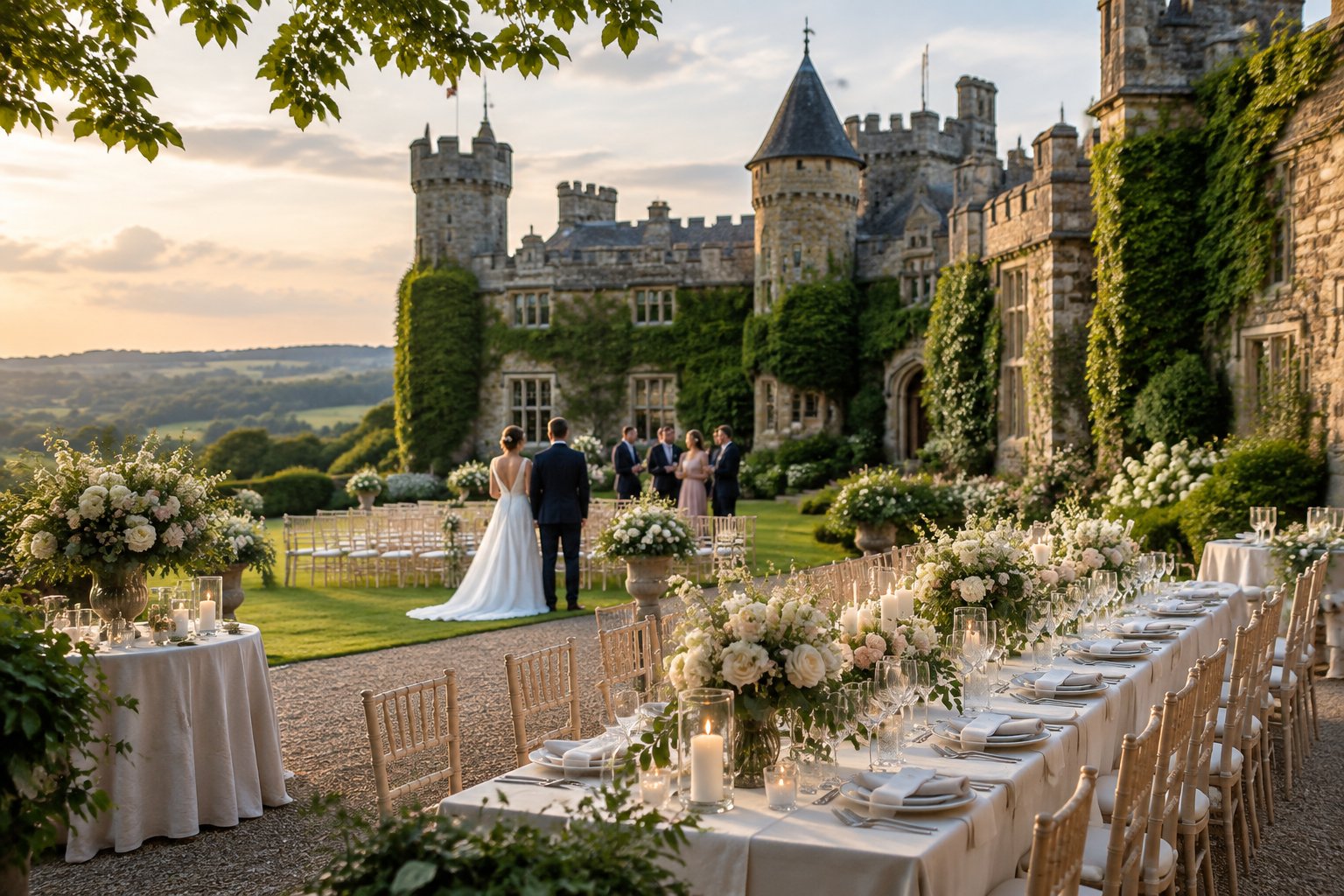 Elegant wedding reception set in the gardens of a historic stone castle in Gloucestershire.