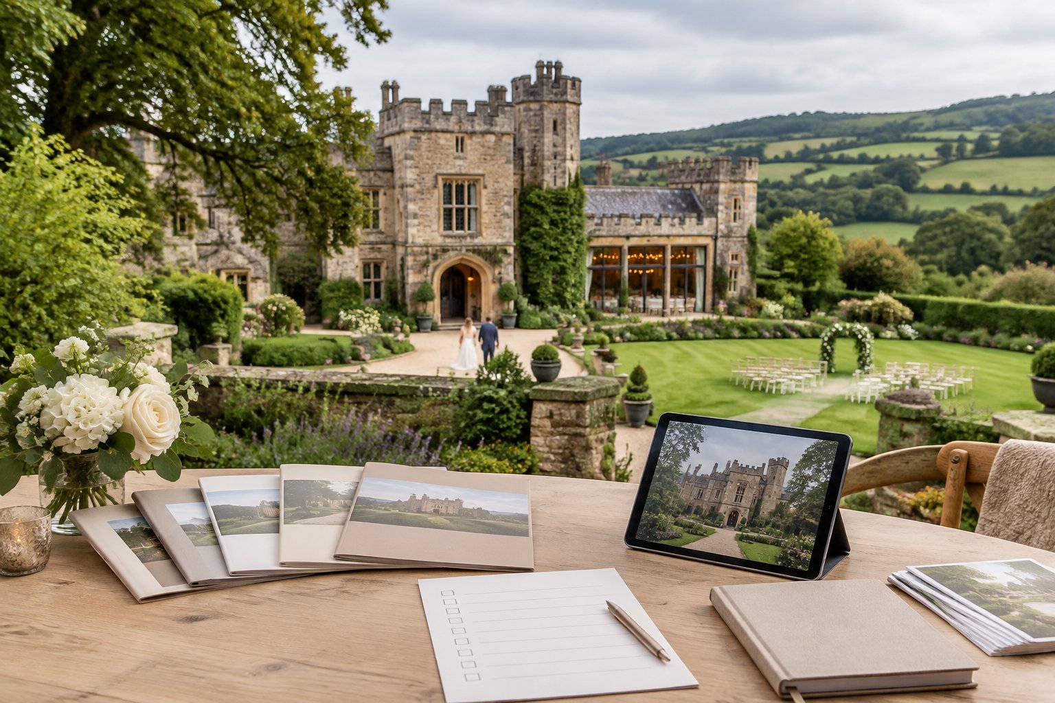 A historic castle wedding venue surrounded by landscaped gardens and rolling Gloucestershire countryside, with wedding-planning materials on a table in the foreground.