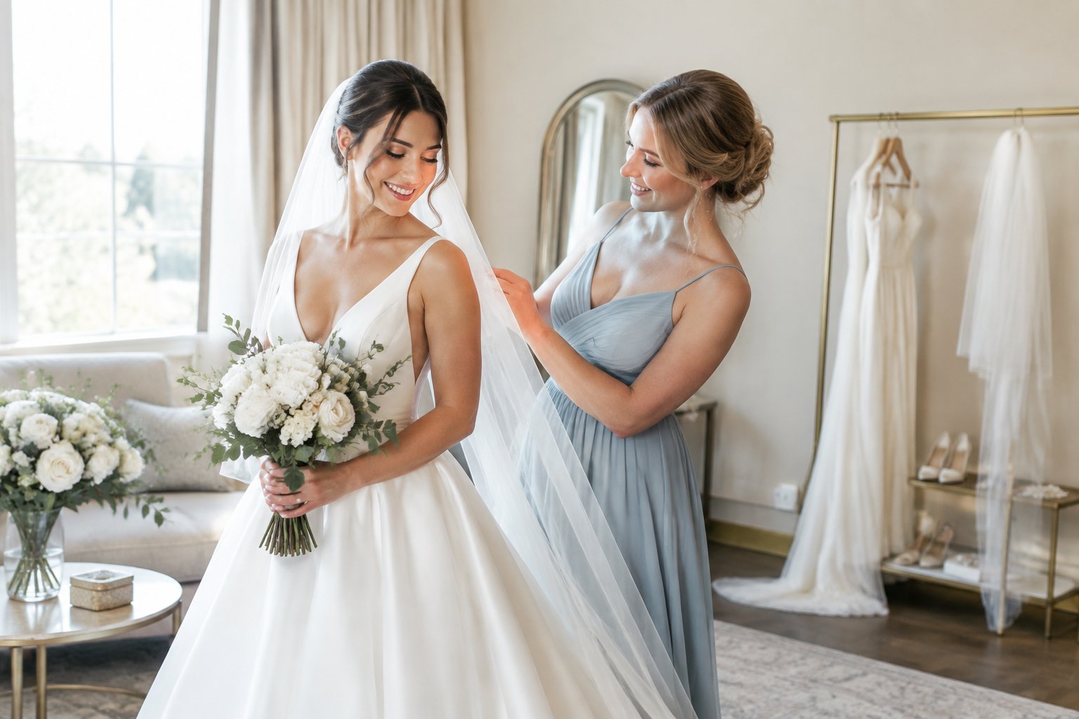 A bride and her only maid of honor prepare together in a softly lit bridal suite.