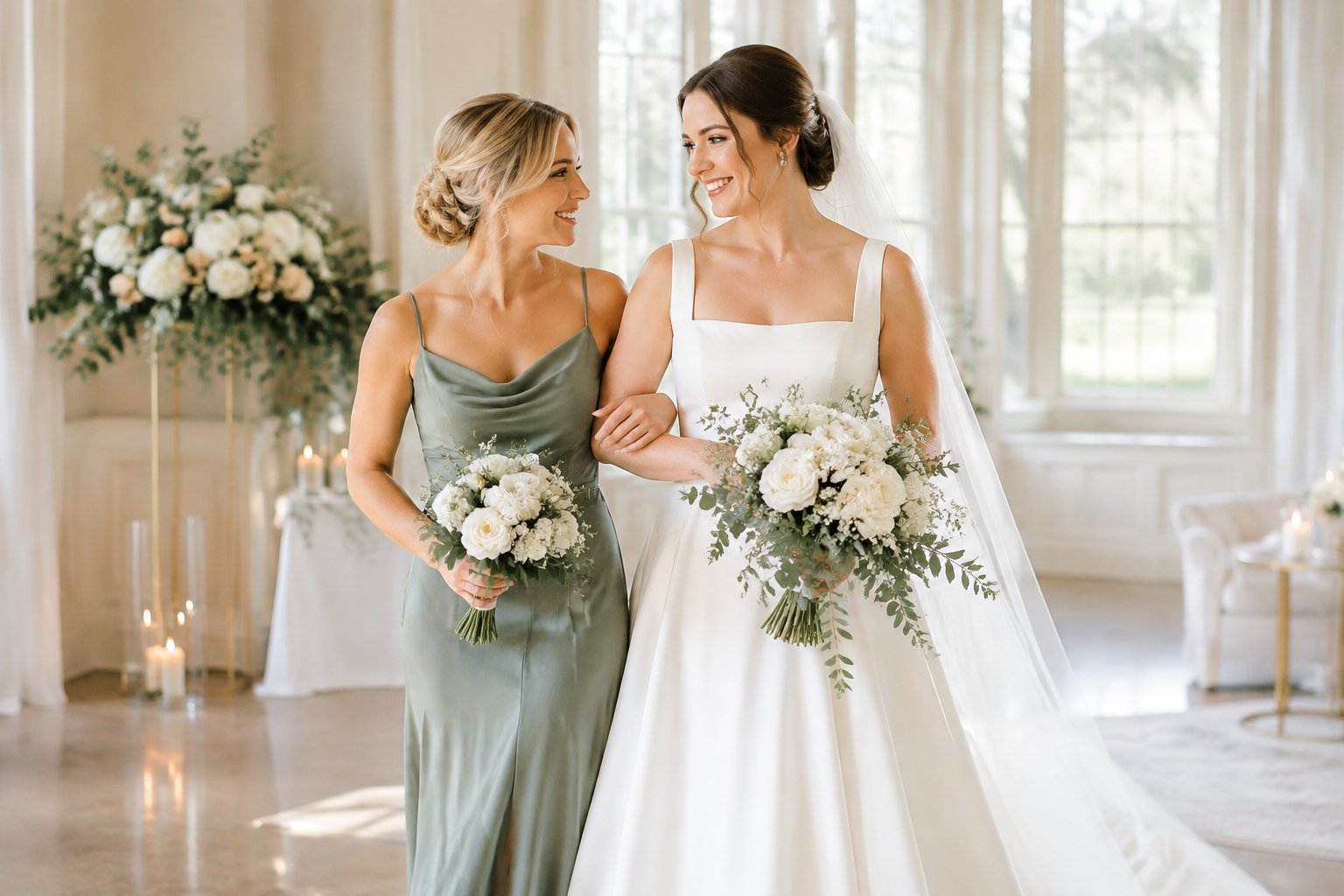 A bride stands beside her only maid of honor in an elegant wedding venue.