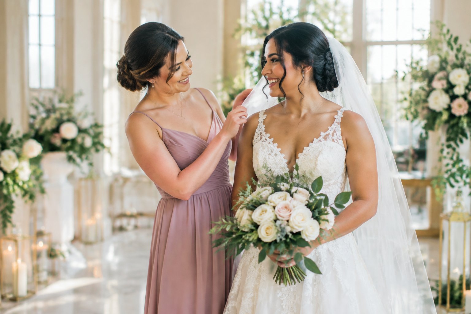 A bride shares a joyful moment with her only maid of honor in an elegant wedding venue.