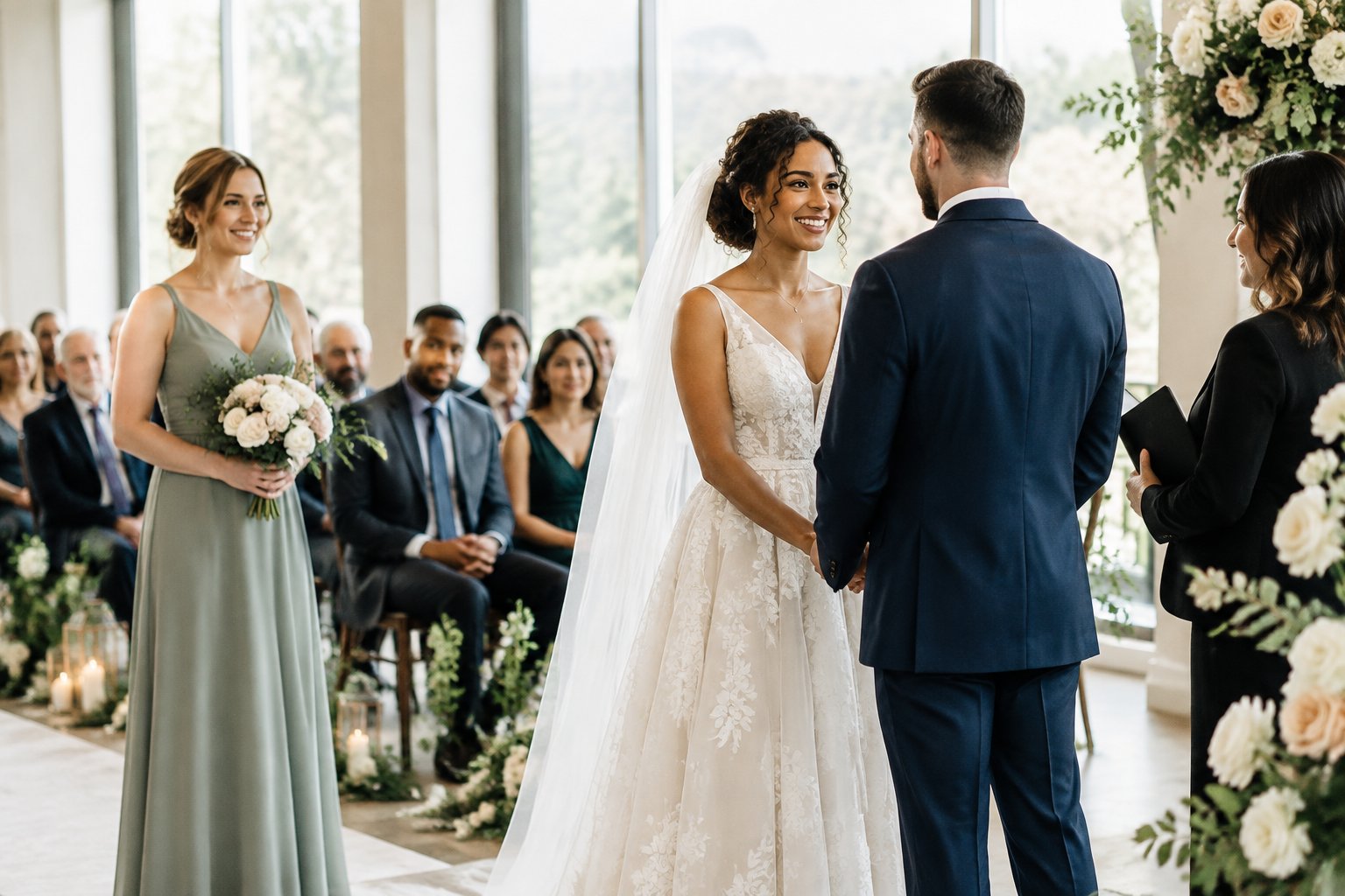 A bride and groom stand at a wedding altar with one maid of honor and seated guests.