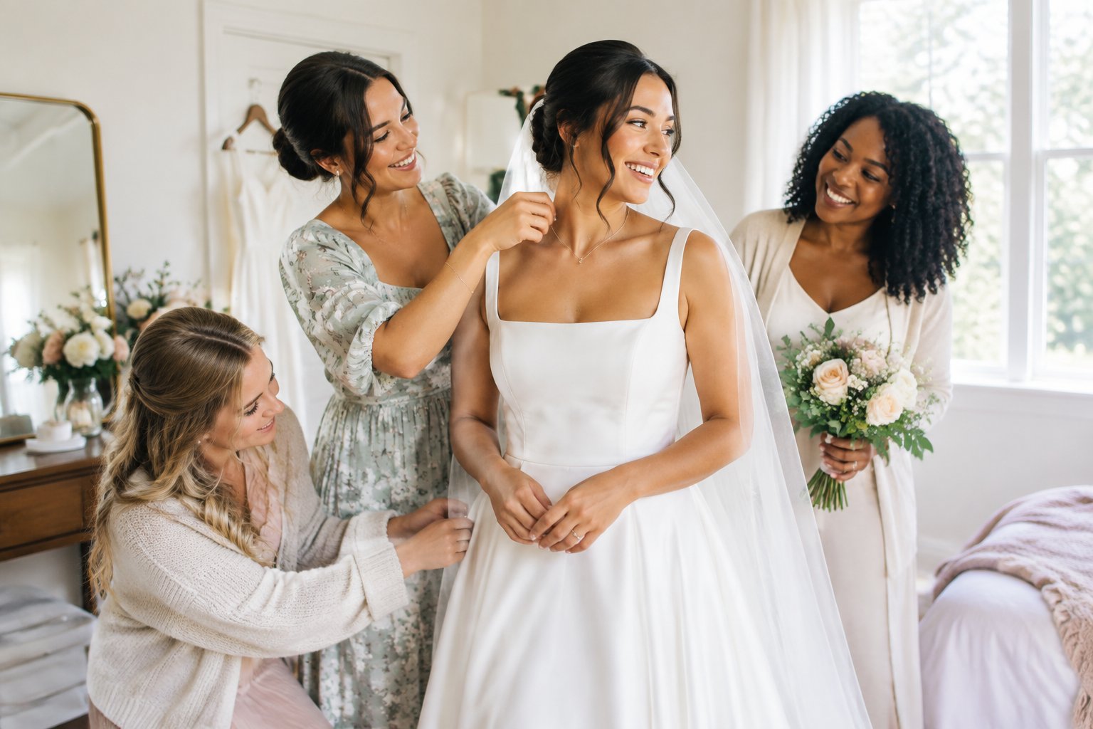 A bride prepares for her wedding with one honored companion and several supportive loved ones.