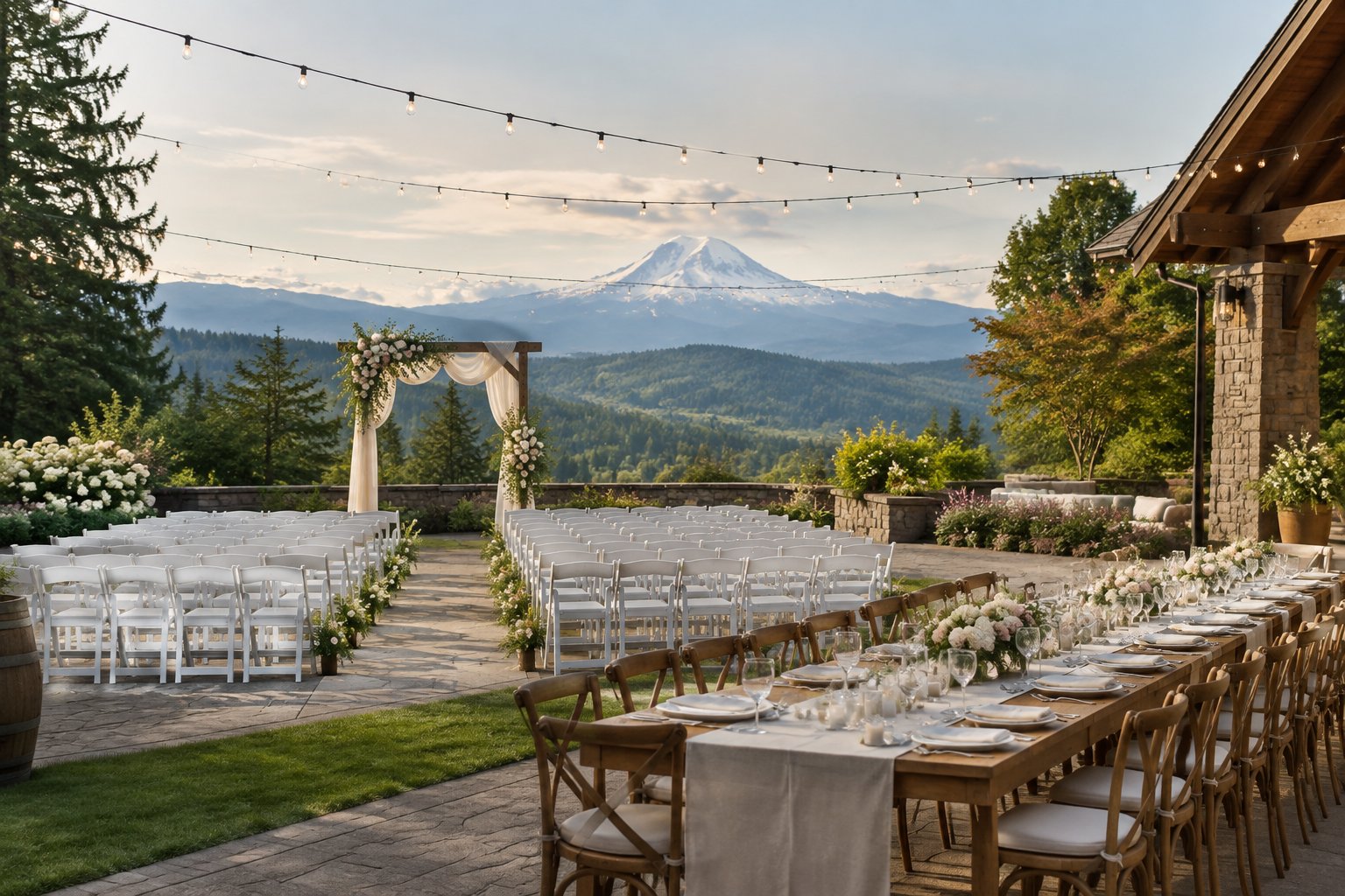 An elegant outdoor wedding venue with decorated tables, a floral ceremony arch, and forested mountain scenery.