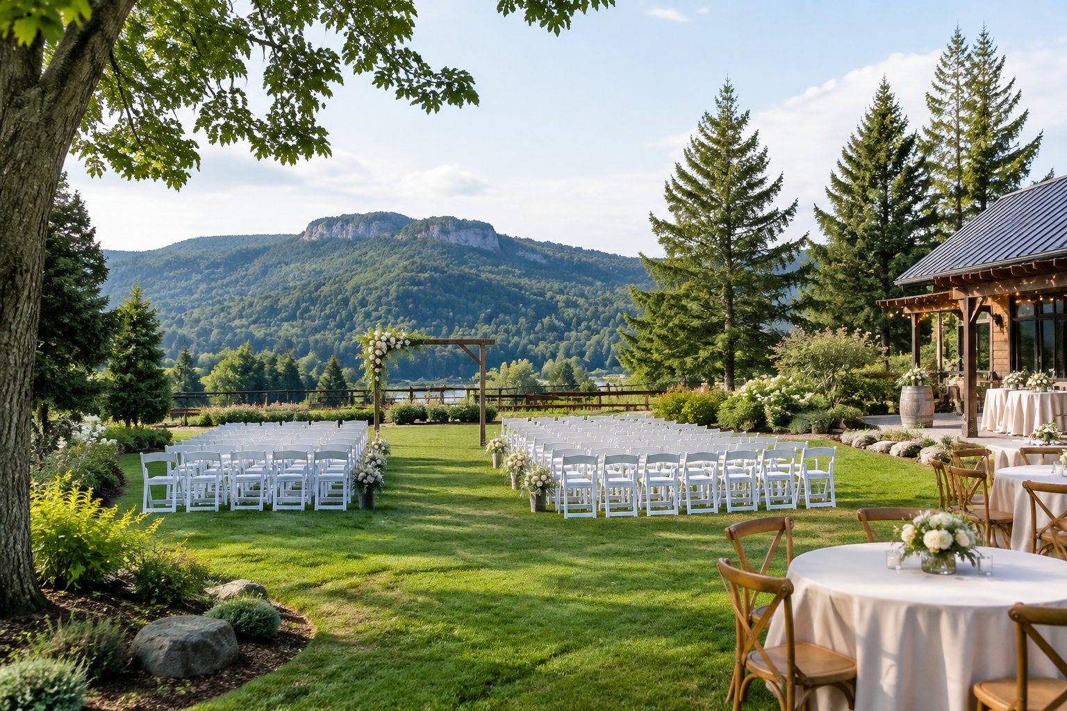 An elegant outdoor wedding venue with white chairs, floral decorations, green lawns, and forested hills.