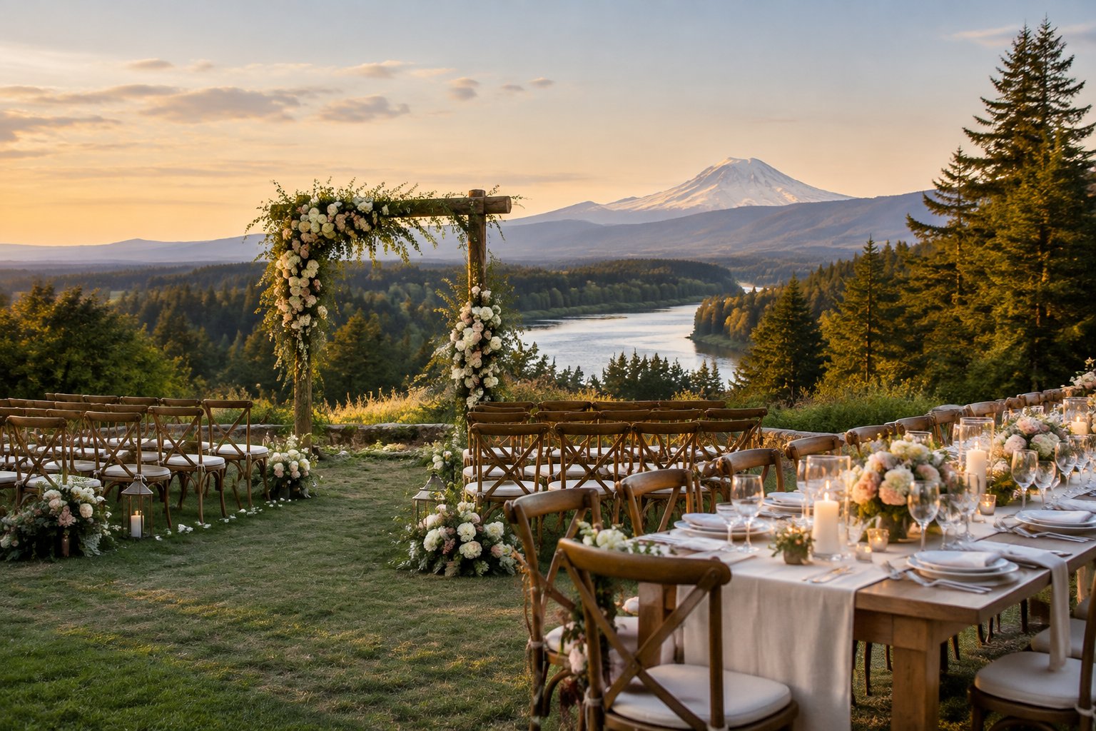An elegant outdoor wedding ceremony and reception set among evergreen trees and mountain scenery near Castle Rock, Washington.