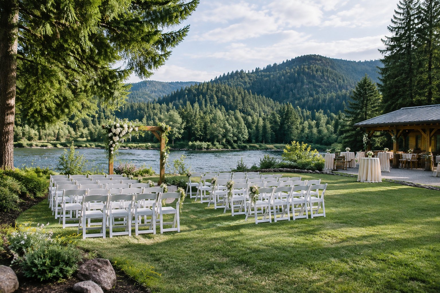 An elegant outdoor wedding setting surrounded by evergreen trees and wooded hills near Castle Rock.