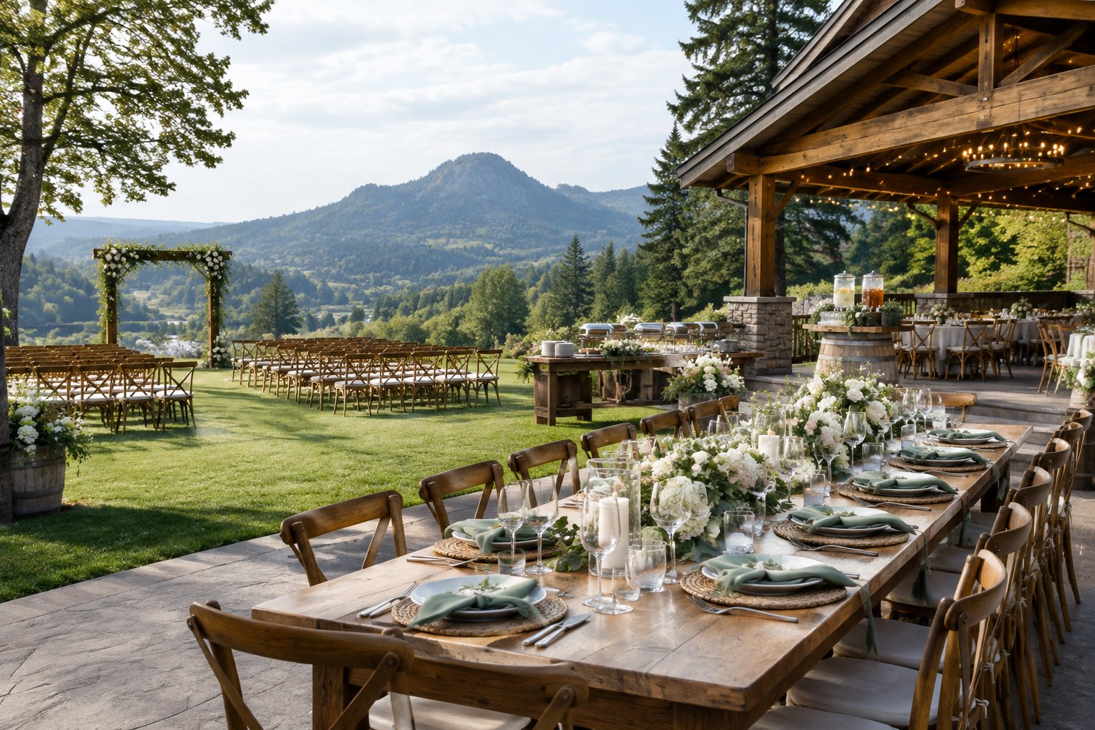Elegant outdoor wedding venue with a decorated reception table, ceremony chairs, and lush Pacific Northwest scenery.