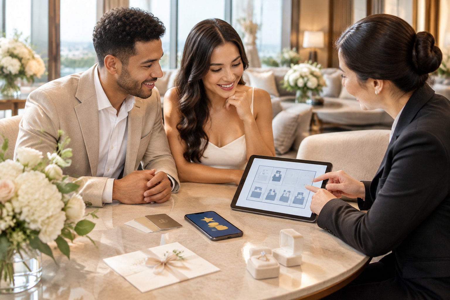 An engaged couple discusses wedding hotel accommodations with a hotel coordinator in an elegant lobby.