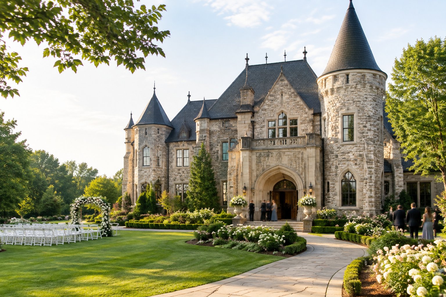 A grand castle-style wedding venue surrounded by manicured gardens and outdoor ceremony seating.