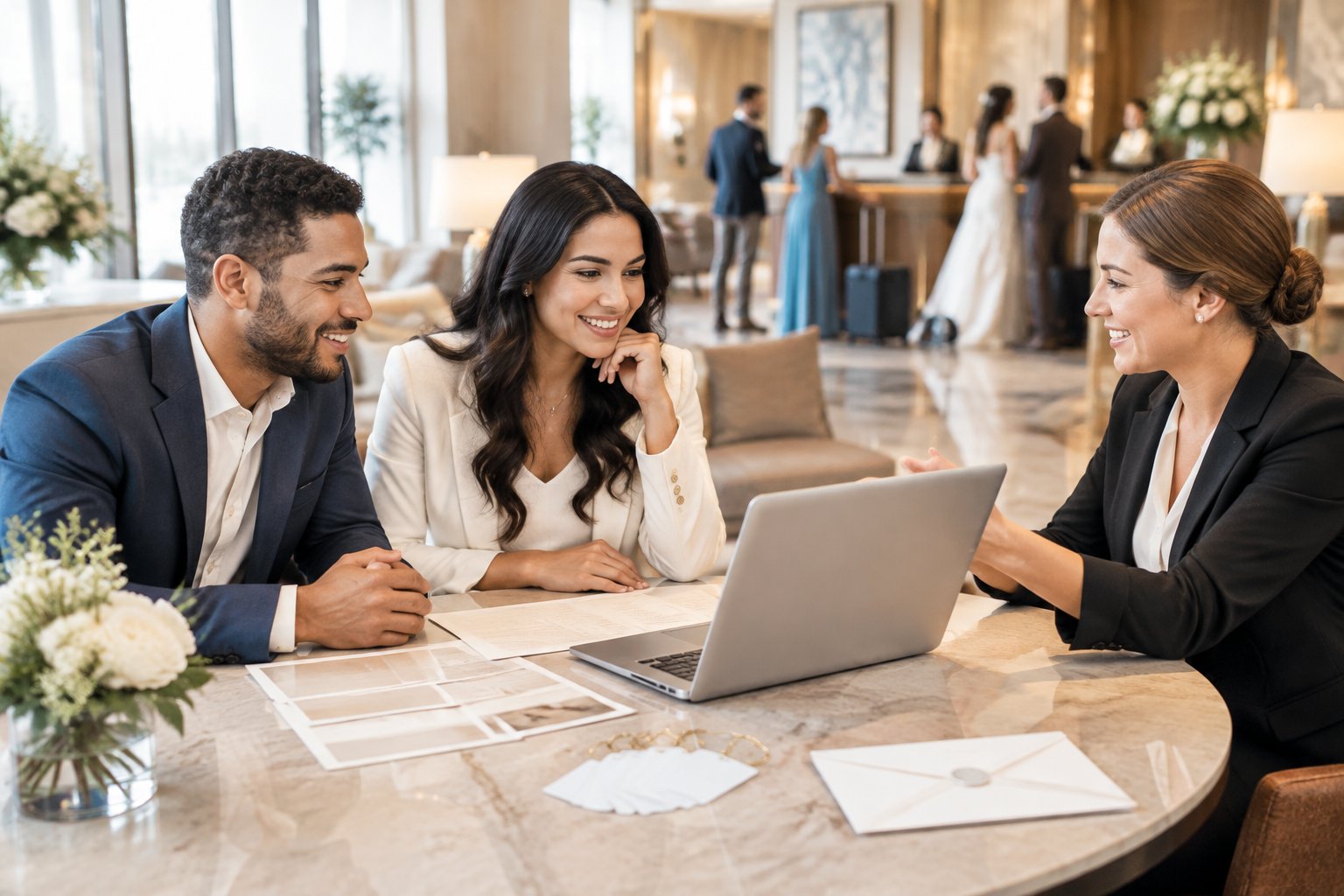A couple discusses a hotel wedding room booking with an events coordinator in an elegant lounge.