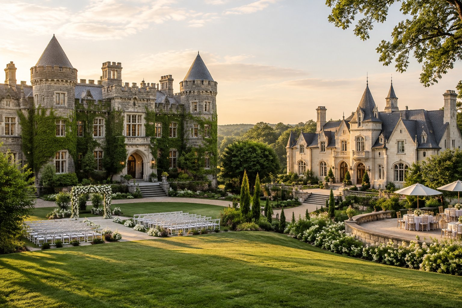 Two elegant castle-style wedding venues surrounded by landscaped gardens and ceremony decorations.