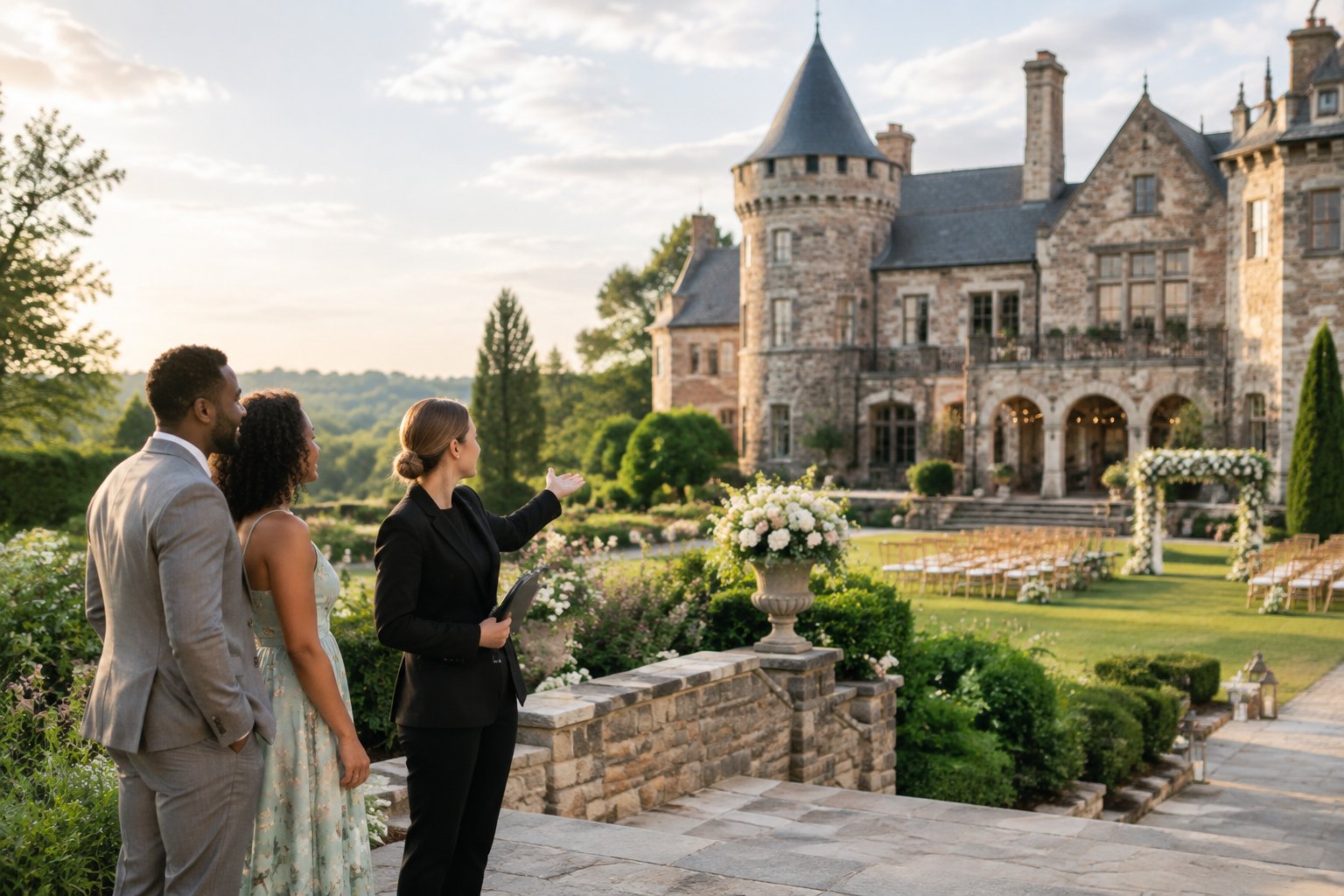 A couple and venue coordinator explore the gardens and ceremony area of an elegant castle-style wedding venue.