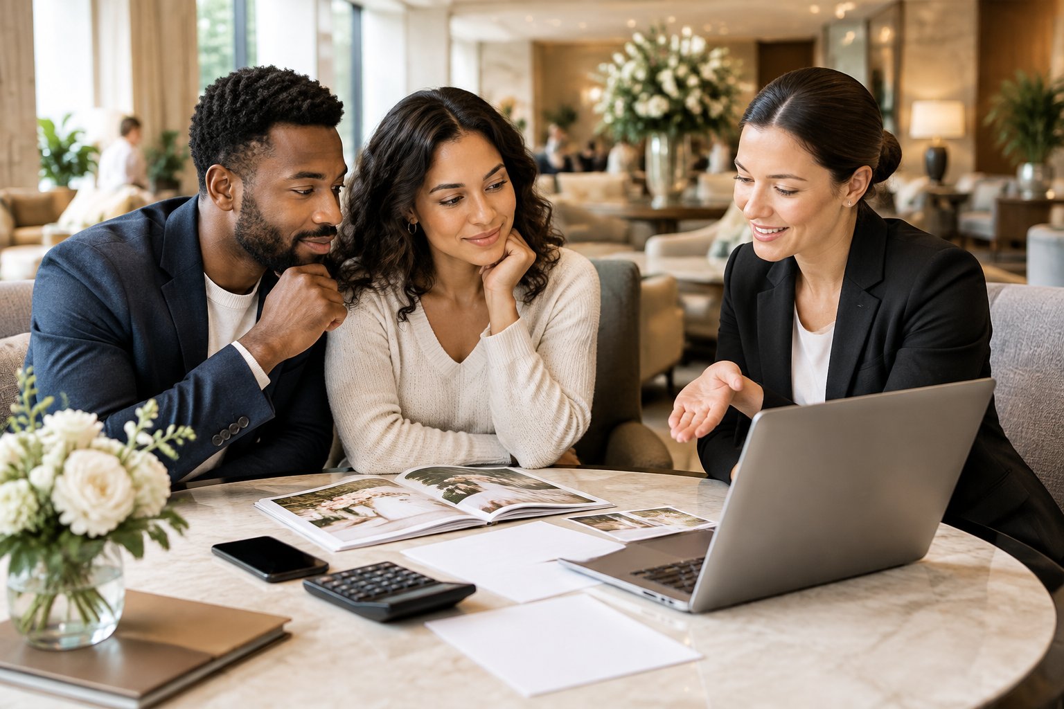 An engaged couple discusses wedding guest-room arrangements with a hotel coordinator in an elegant lounge.