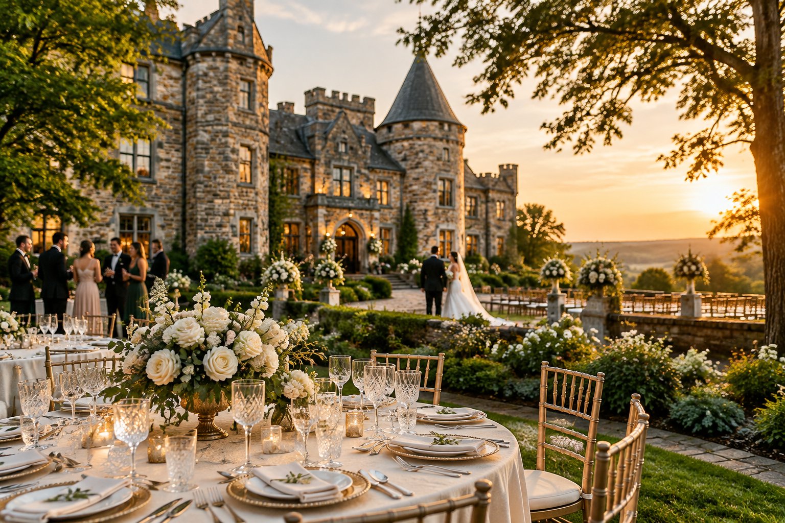 An elegant castle wedding venue with a decorated reception table and guests in manicured gardens.