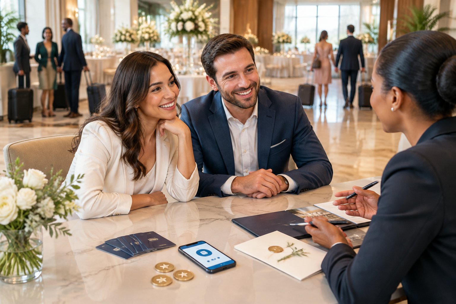A couple discusses wedding accommodations and loyalty rewards with a hotel coordinator in an elegant hotel setting.