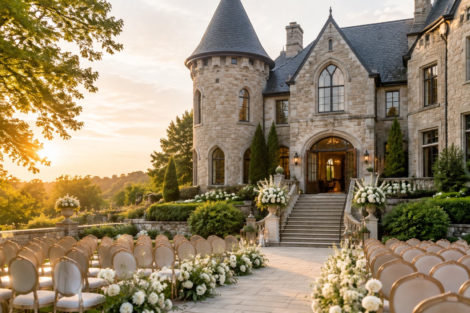 An elegant castle-inspired wedding venue with manicured gardens, floral arrangements, and a formal outdoor ceremony setup.