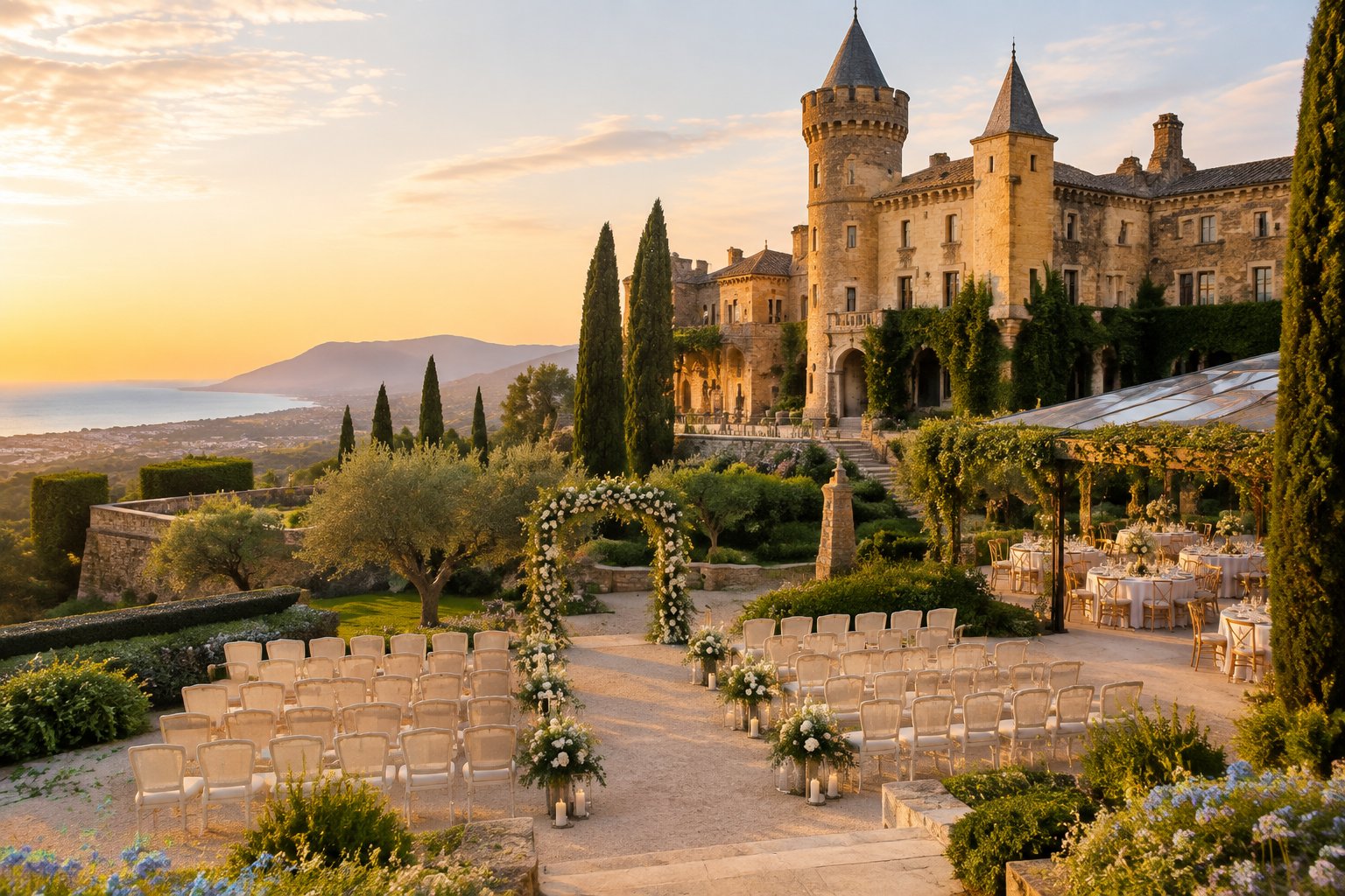 A historic castle wedding venue near Barcelona surrounded by gardens, with outdoor ceremony chairs and decorated reception tables.