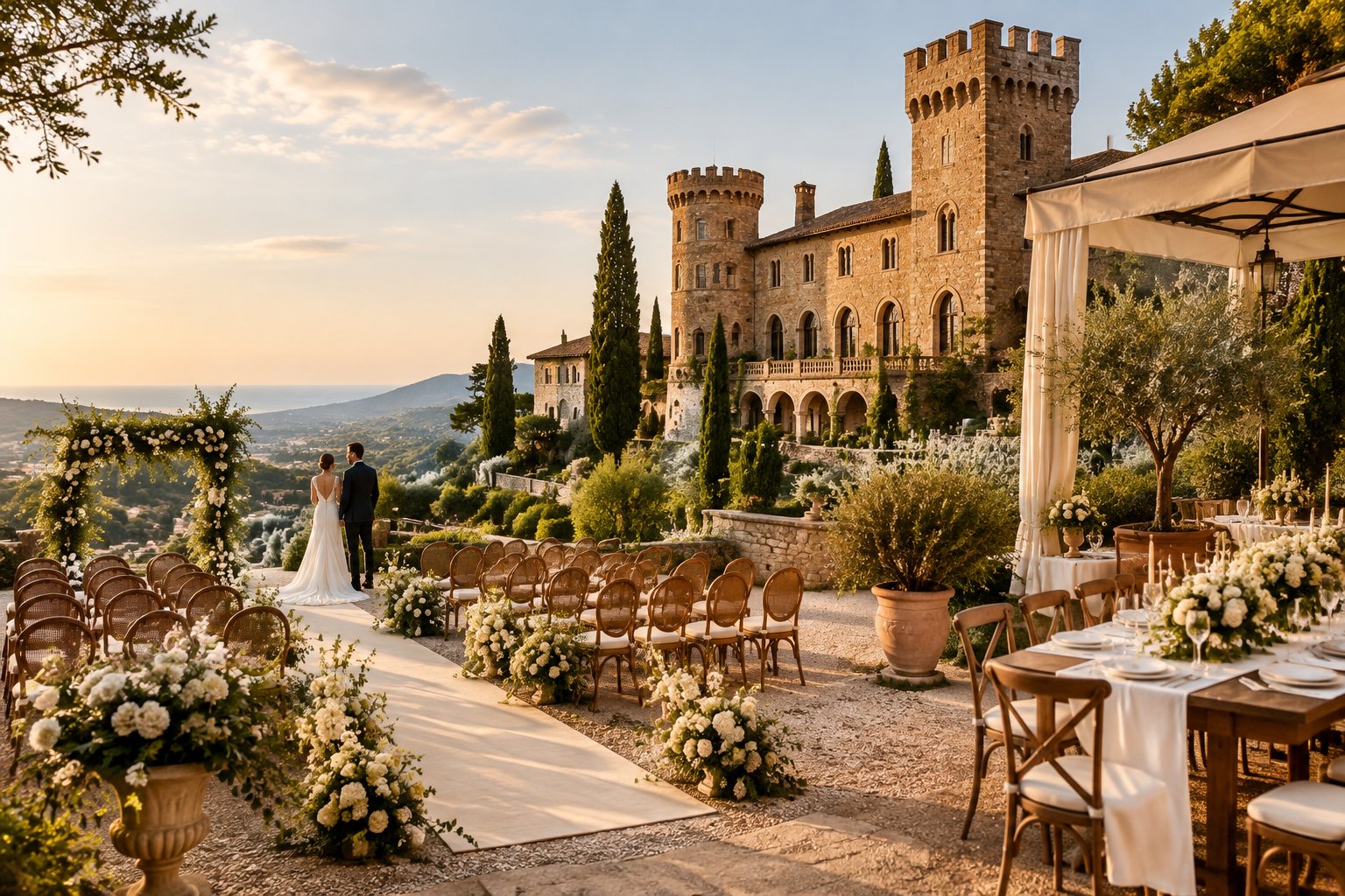 A couple stands near an elegant castle wedding ceremony surrounded by gardens and Mediterranean hills.
