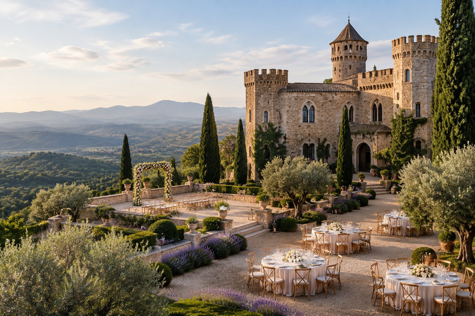 Historic castle wedding venue surrounded by Mediterranean gardens near Barcelona.