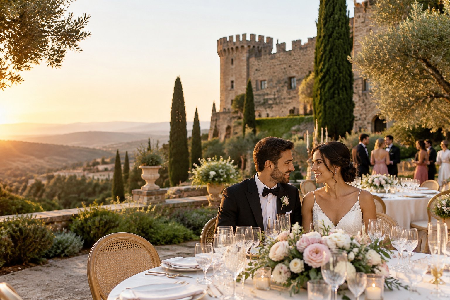 A bride and groom celebrate with guests at an elegant wedding reception in the gardens of a stone castle near Barcelona.