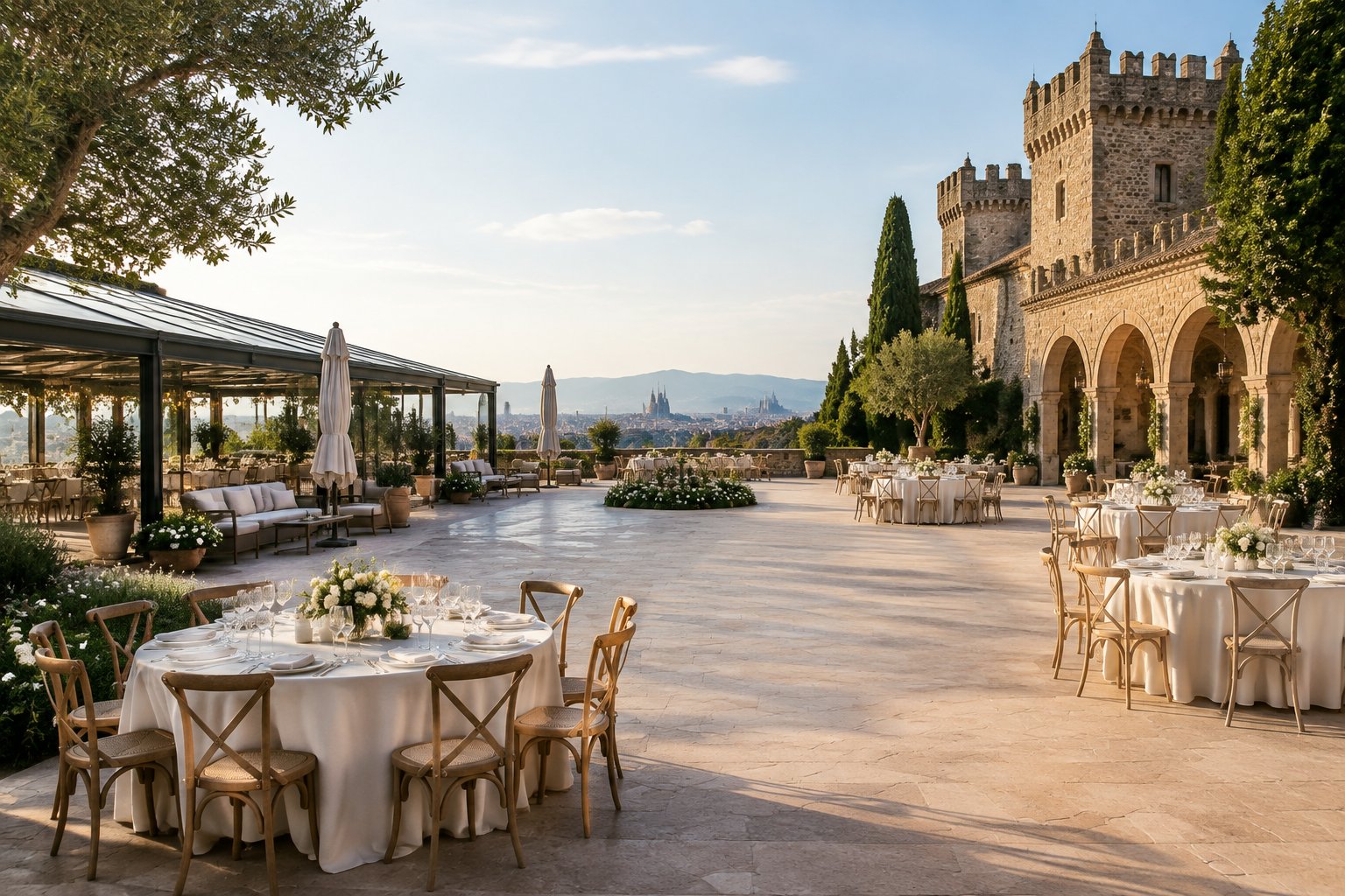 Castle wedding venue in Barcelona with outdoor reception tables, Mediterranean gardens, and a covered weather backup area.