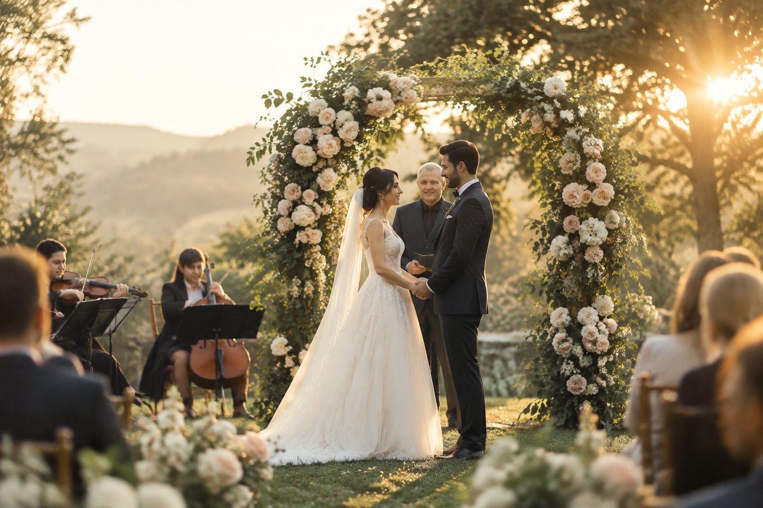A bride and groom stand beneath a flower-covered wedding arch in a sunlit garden while guests and musicians sit nearby.
