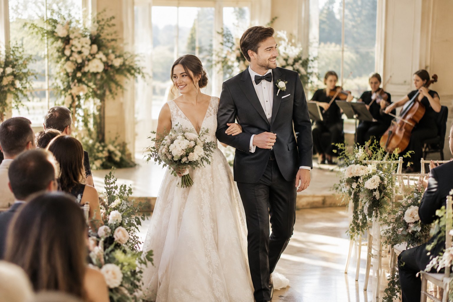 A newlywed couple walks down the aisle after their ceremony while a string ensemble performs nearby.