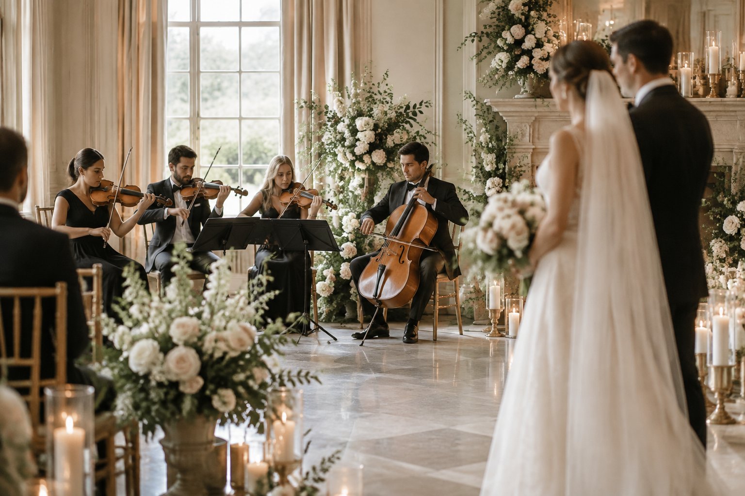 A wedding ceremony with a couple near an ensemble of string musicians and elegant floral décor.