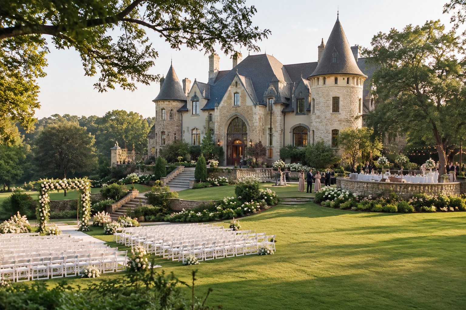 A grand castle-inspired wedding venue surrounded by gardens, oak trees, and an outdoor ceremony setup.