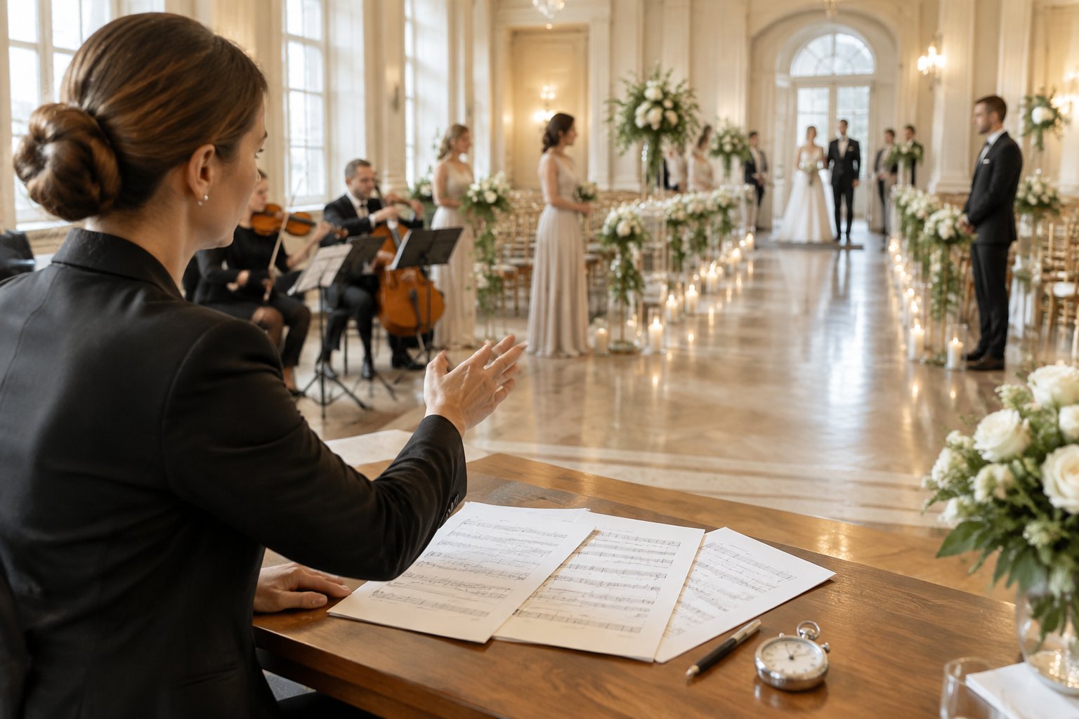 A wedding coordinator times the processional while musicians and attendants prepare along an elegant ceremony aisle.