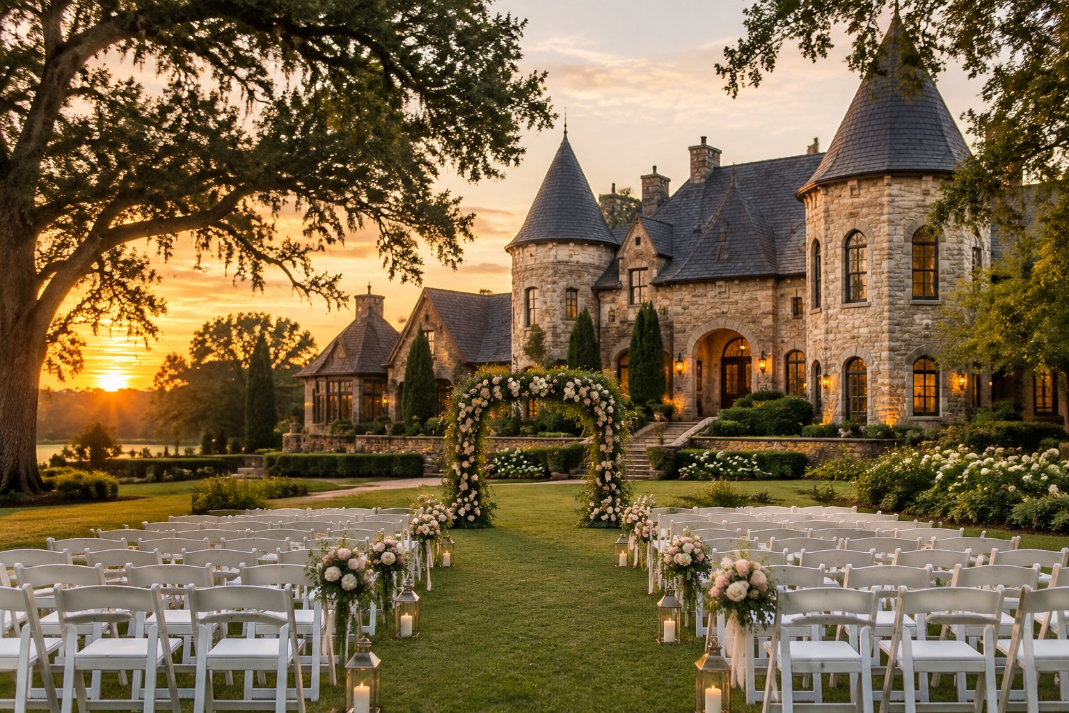 A grand stone castle-style wedding venue with a decorated outdoor ceremony area at sunset.