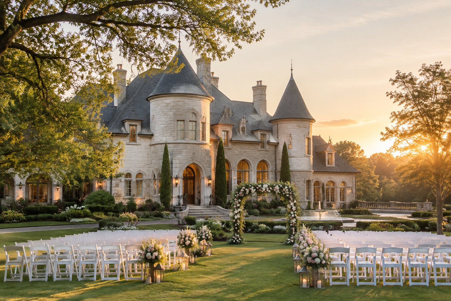 A castle-inspired wedding venue with manicured grounds and an outdoor ceremony setup.