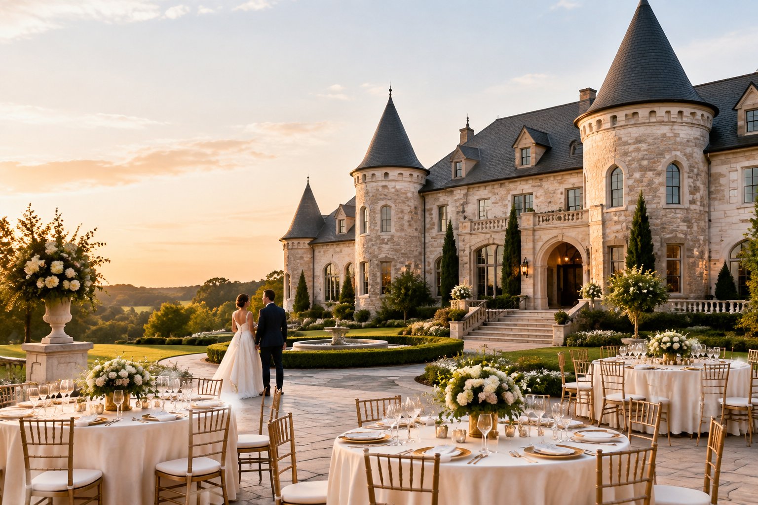 A couple tours an elegant castle-style wedding venue with a decorated outdoor reception area.