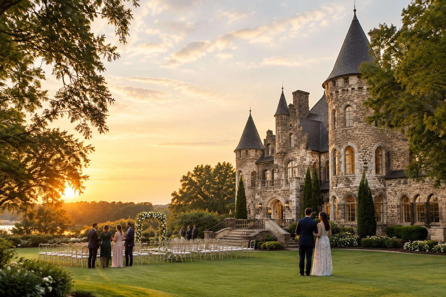 Wedding guests gather outside a castle-inspired venue beside an elegant outdoor ceremony setup.