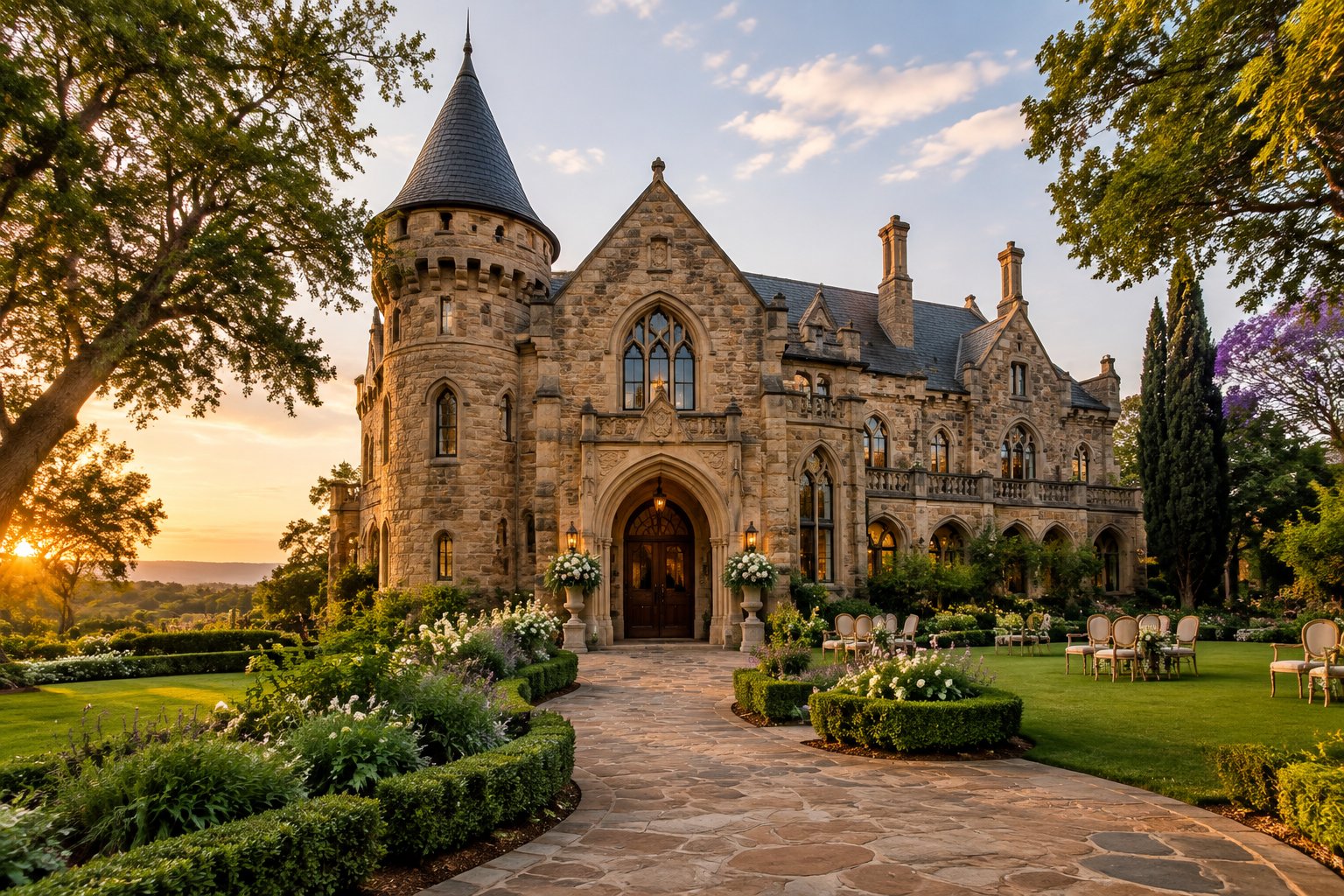 A grand castle-style wedding venue surrounded by manicured gardens in Pretoria.