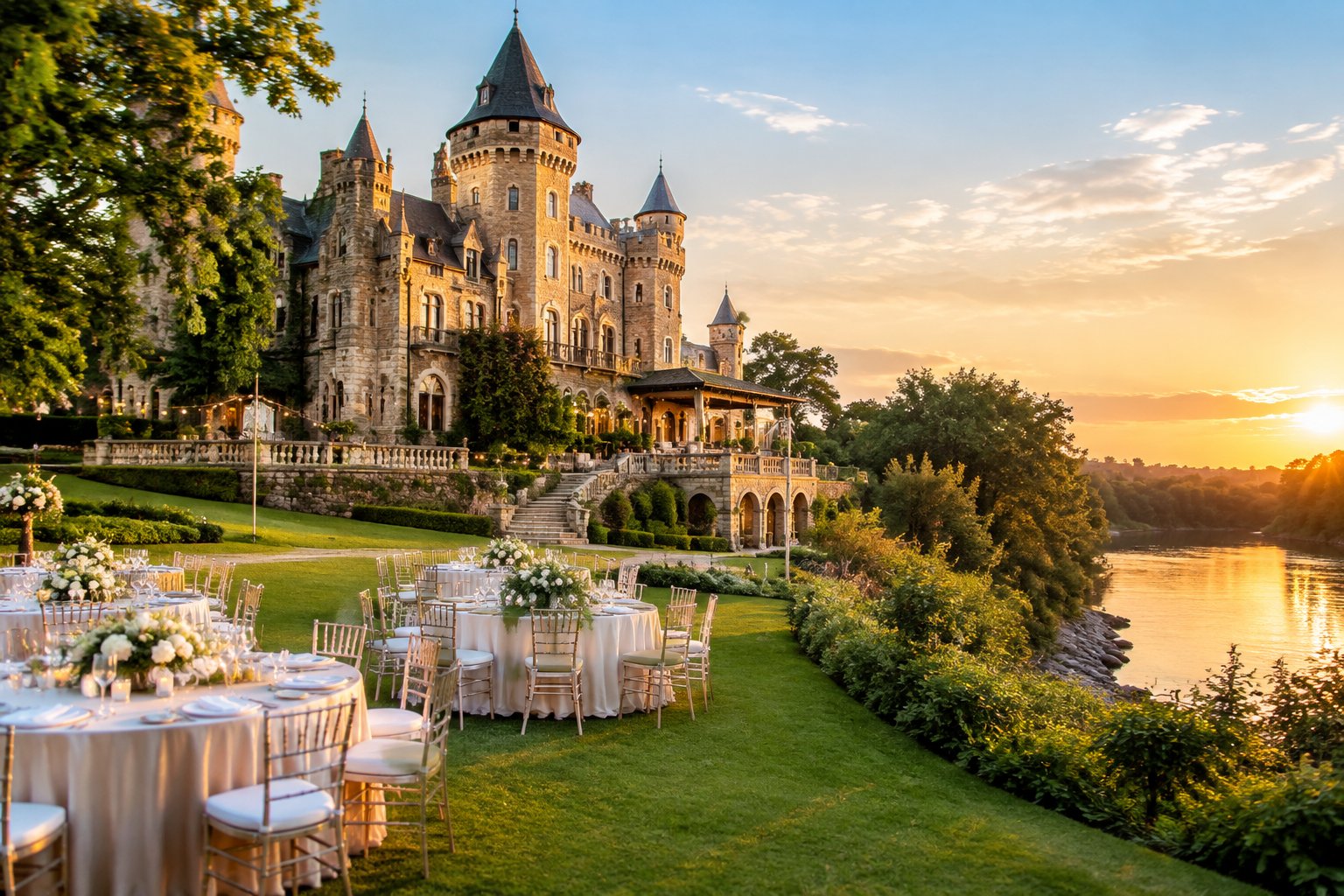 A grand castle wedding venue beside a river, surrounded by gardens and an outdoor reception area.