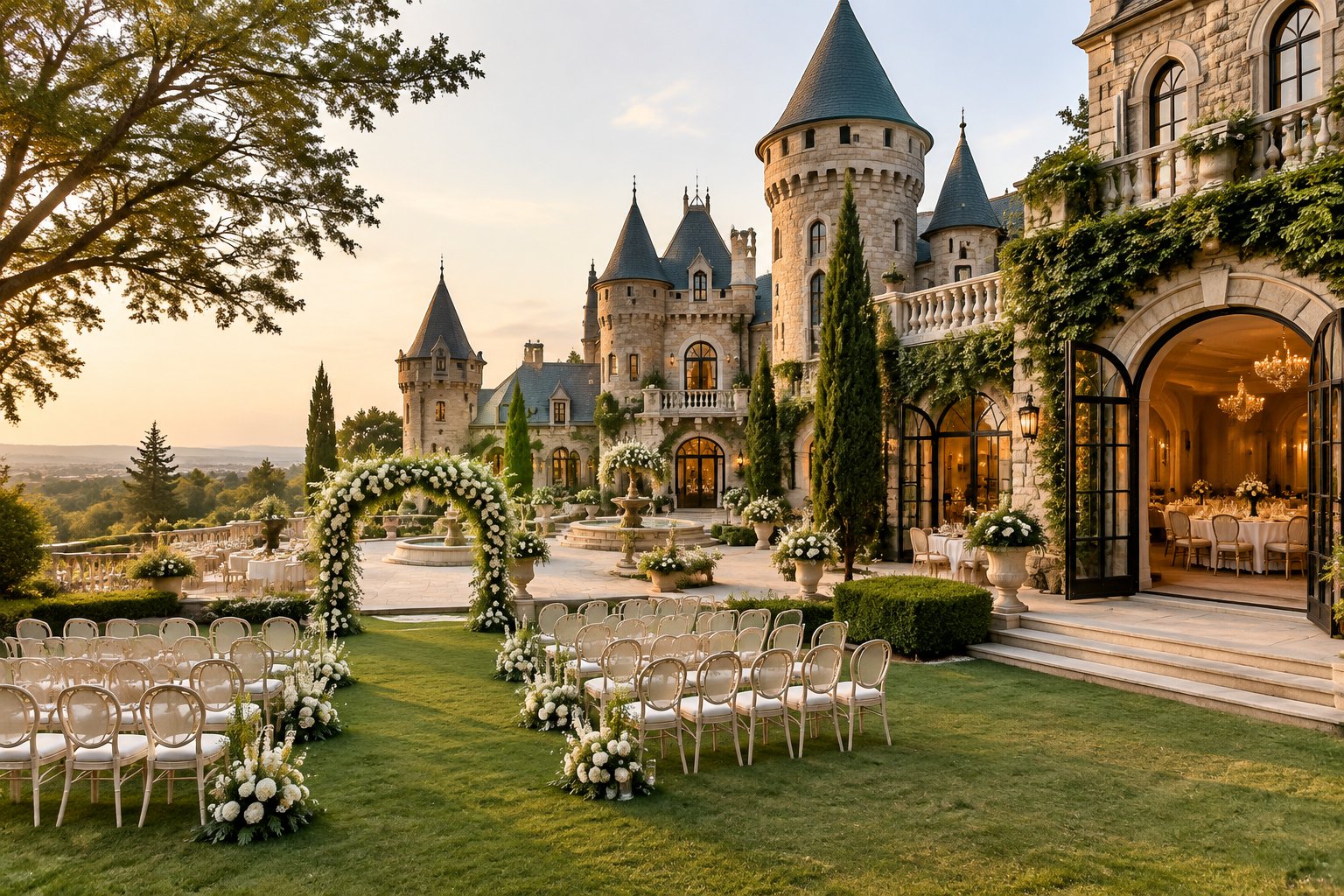 A grand castle wedding venue in Pretoria with gardens, a ceremony area, and elegant reception spaces.
