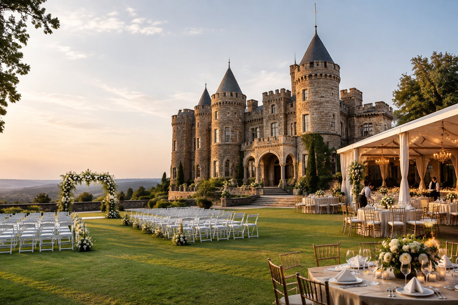 A historic castle wedding venue with a decorated ceremony lawn and elegantly set reception area.