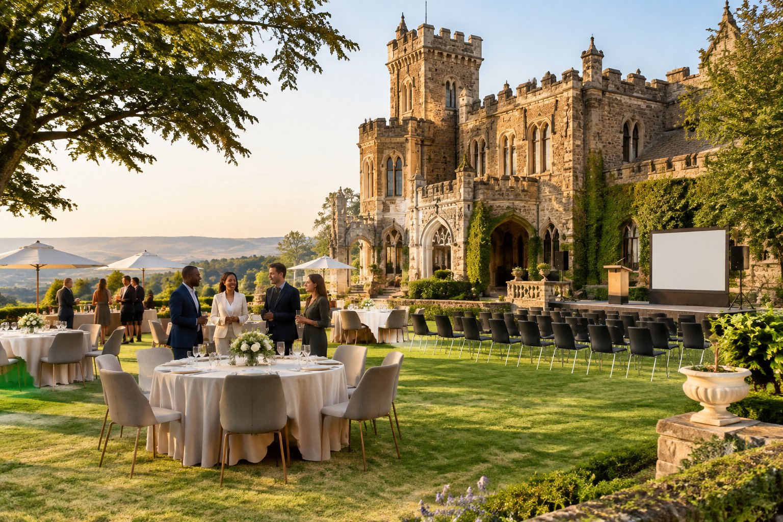 Guests mingle beside elegantly arranged event tables in the gardens of a castle estate.