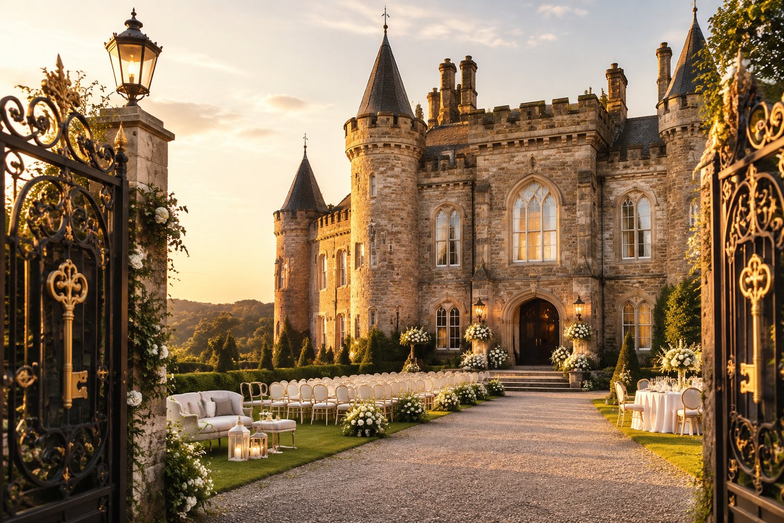 A grand stone castle wedding venue surrounded by landscaped gardens and elegant outdoor ceremony decorations.