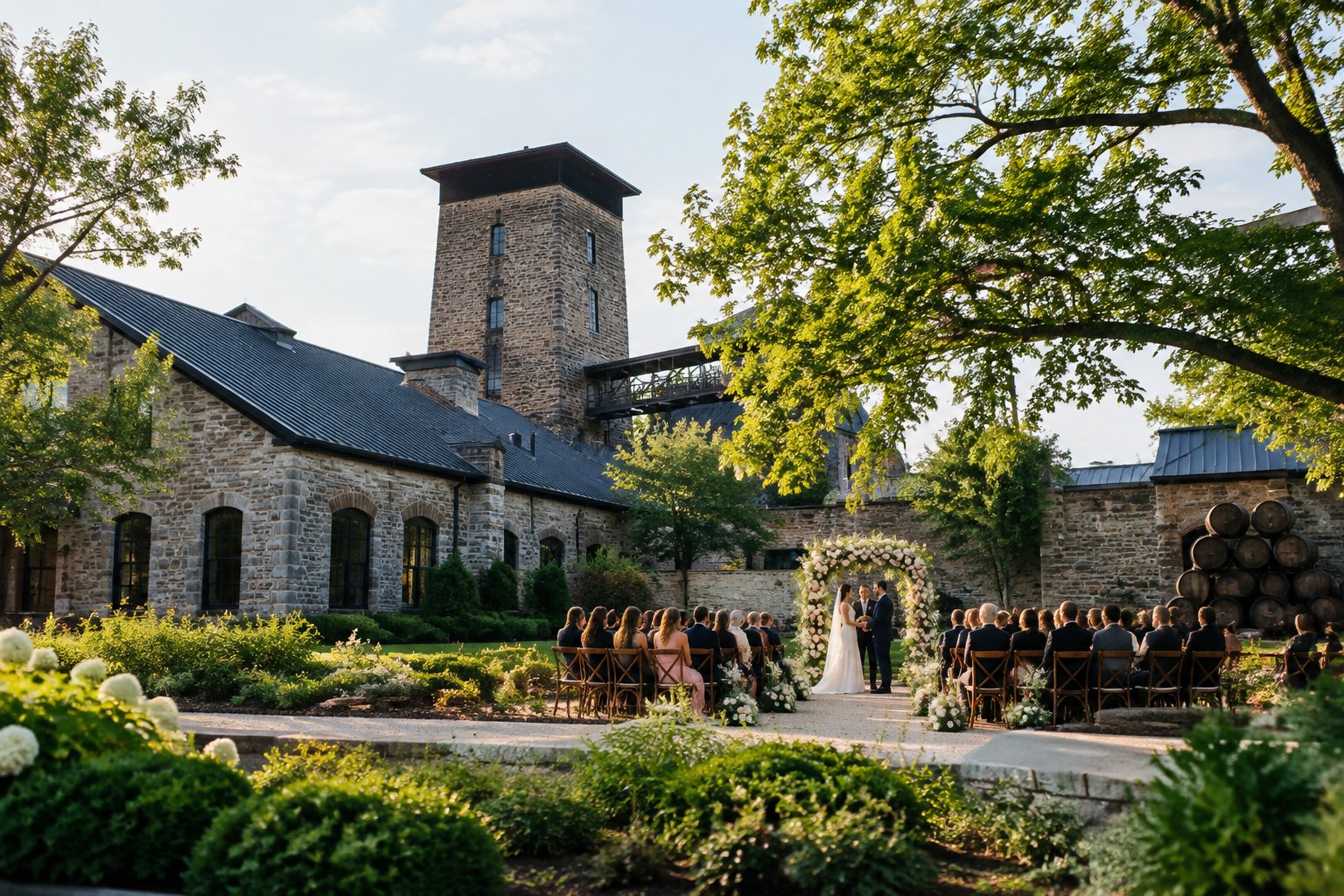 An elegant outdoor wedding ceremony set among greenery and historic distillery buildings.