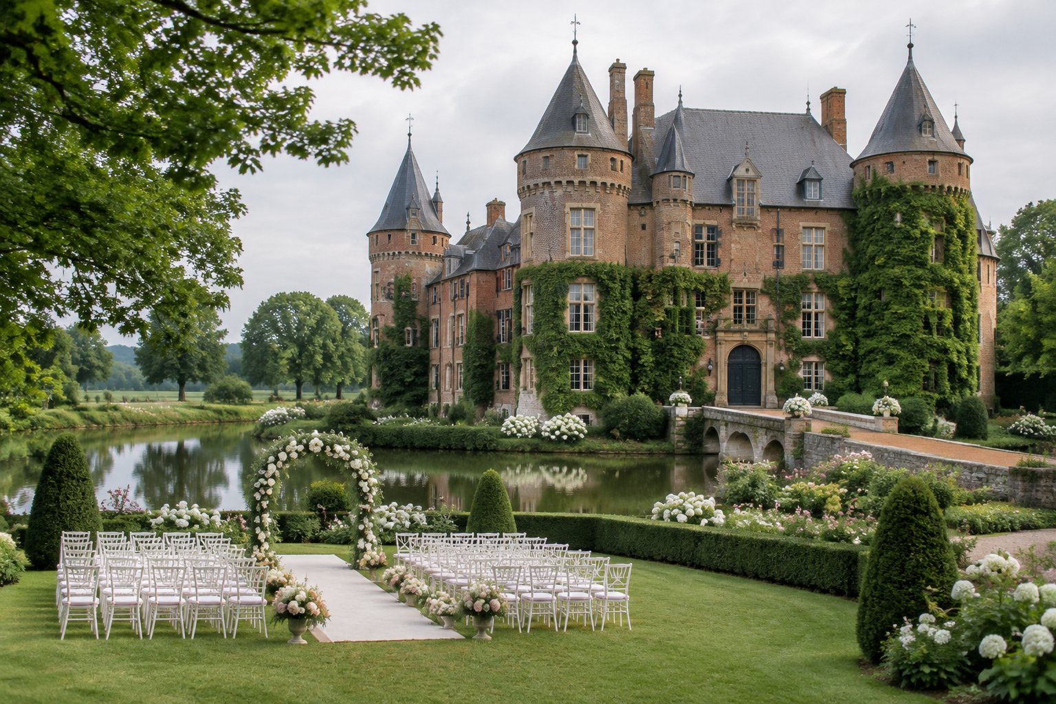 A historic Dutch castle wedding venue surrounded by formal gardens and an outdoor ceremony setup.