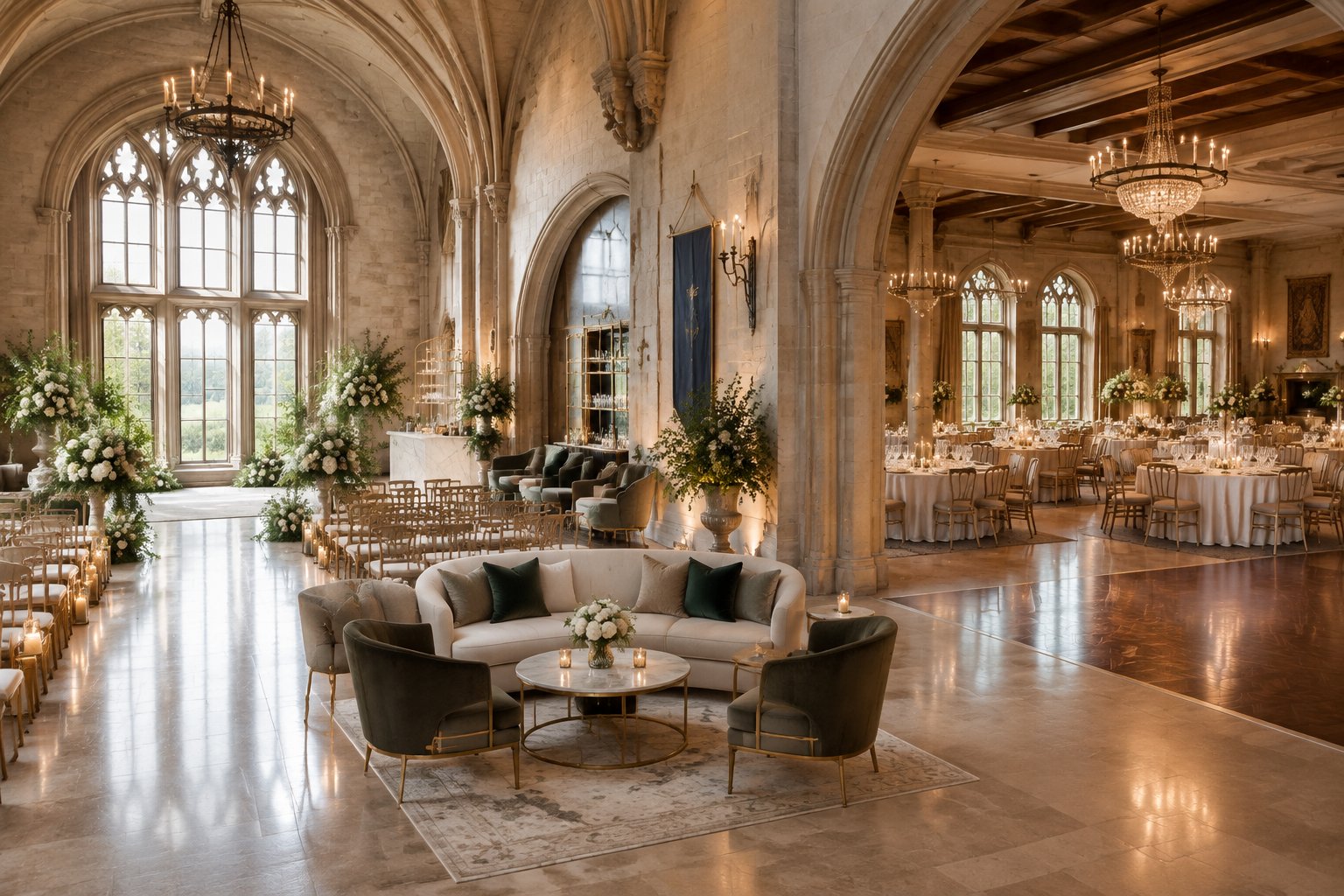 Elegant castle-inspired wedding venue with a ceremony hall, cocktail lounge, and decorated reception space.